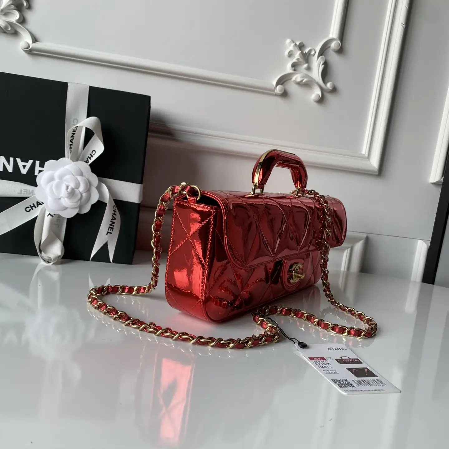 Chanel Large Flap Bag With Top Handle Metallic Mirror AS5807 Red