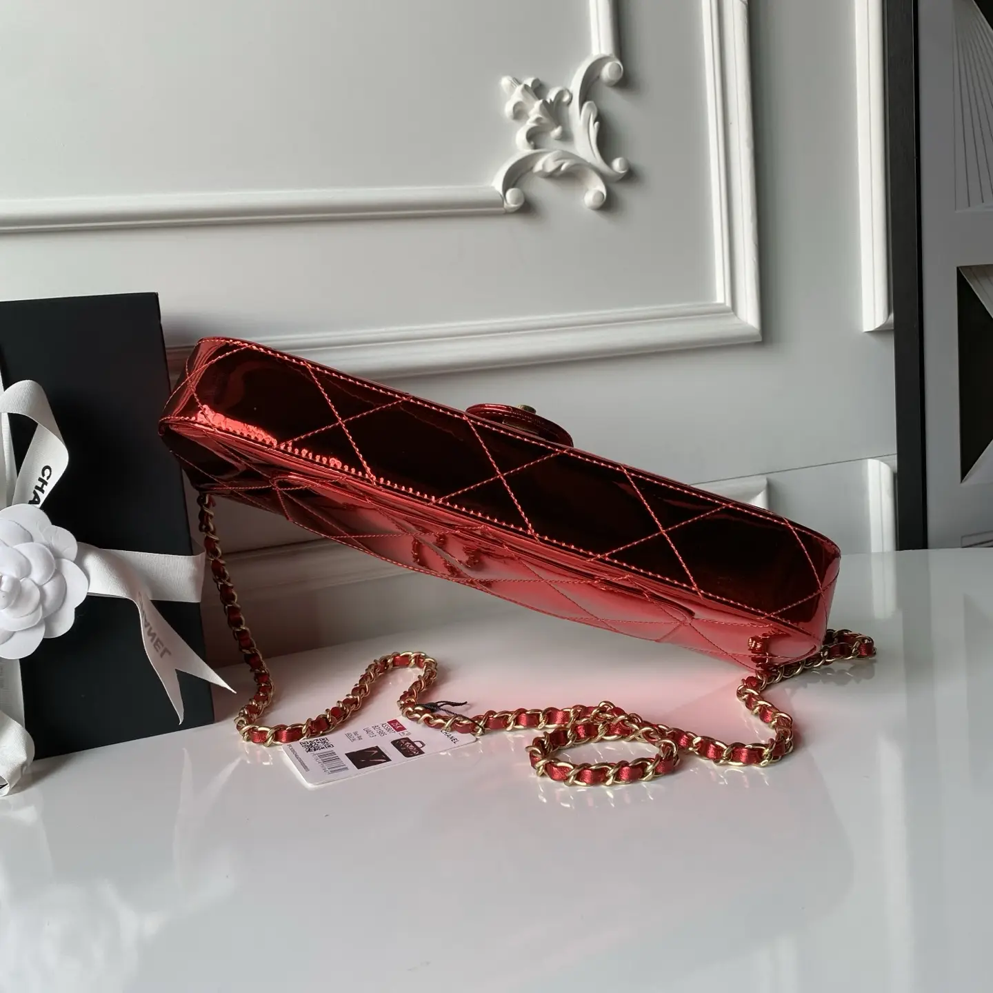 Chanel Large Flap Bag With Top Handle Metallic Mirror AS5807 Red