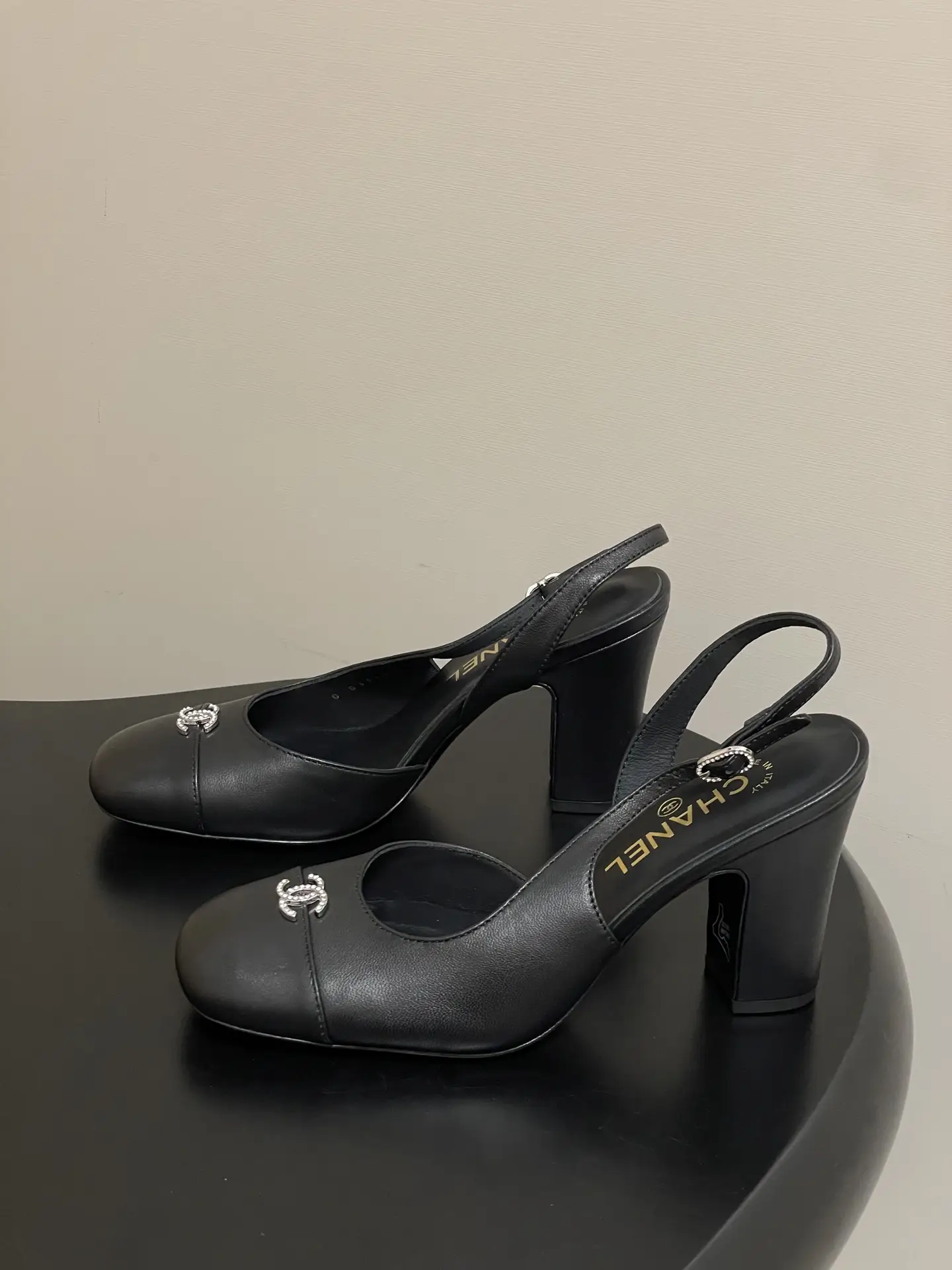 Chanel Slingback Square Toe High Heels Black