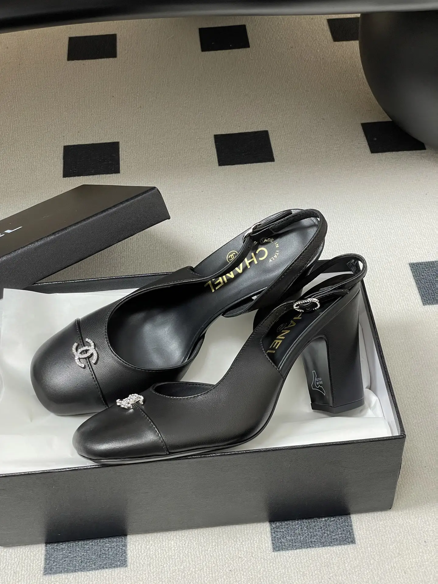 Chanel Slingback Square Toe High Heels Black