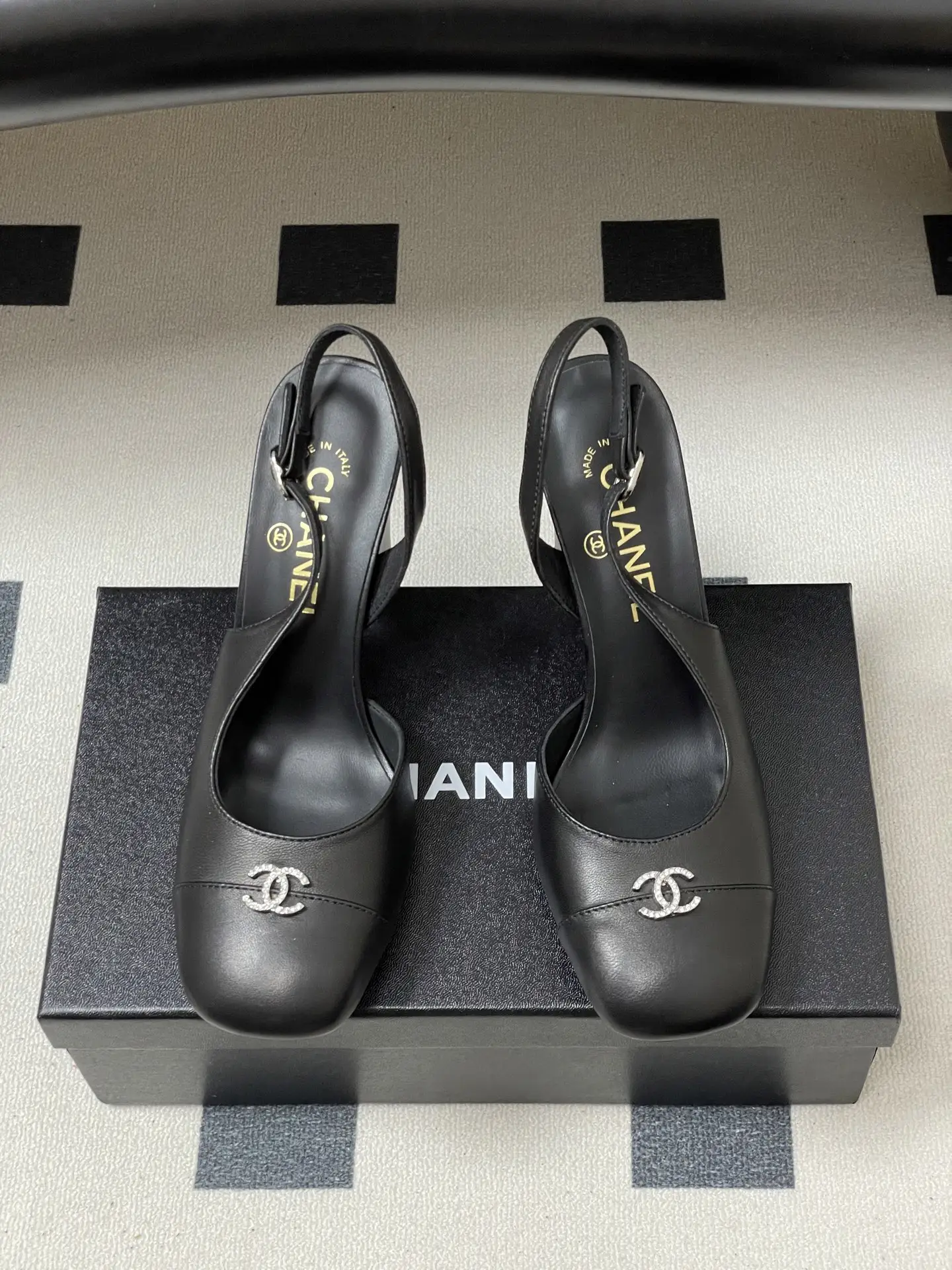 Chanel Slingback Square Toe High Heels Black