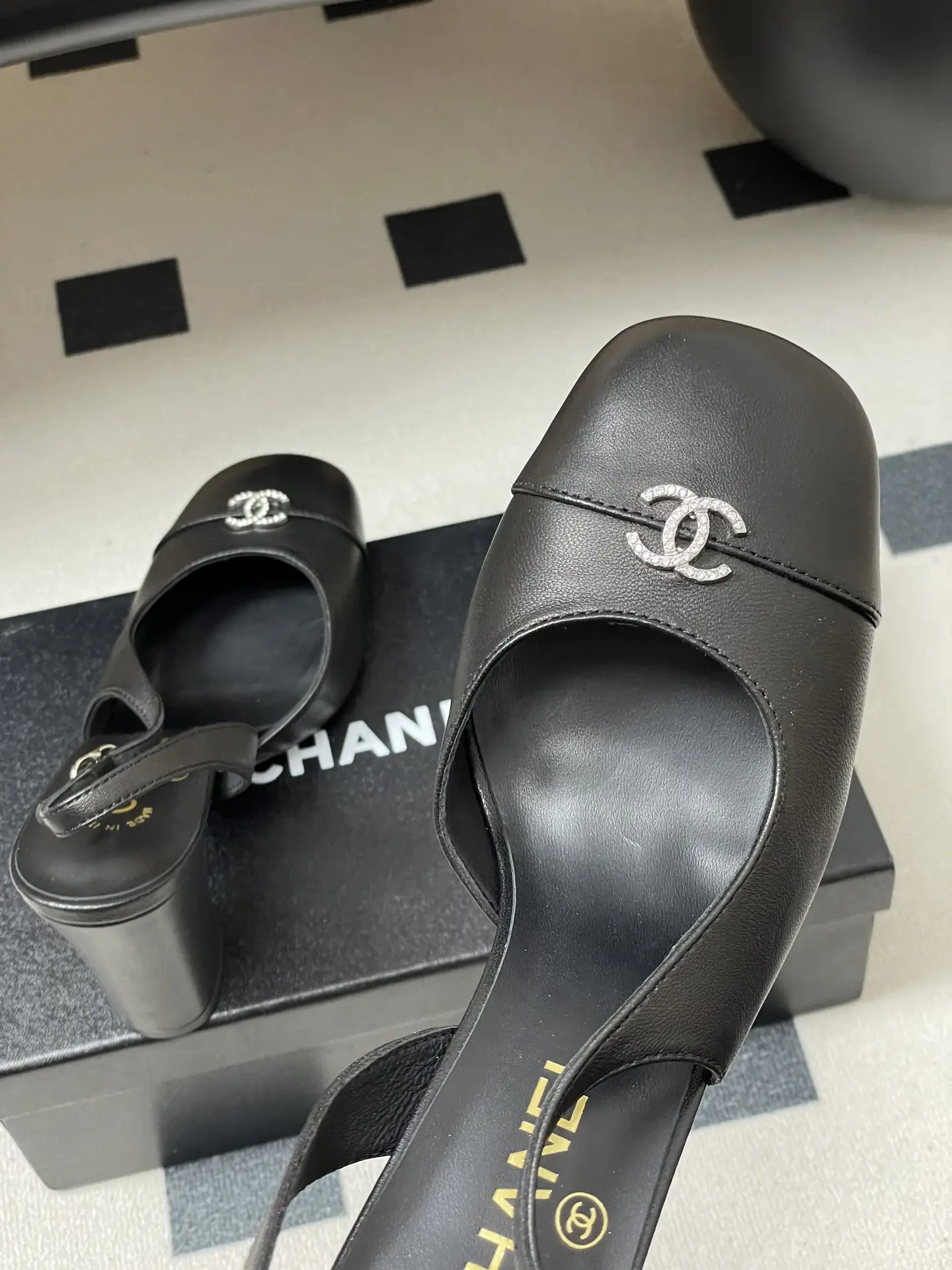 Chanel Slingback Square Toe High Heels Black