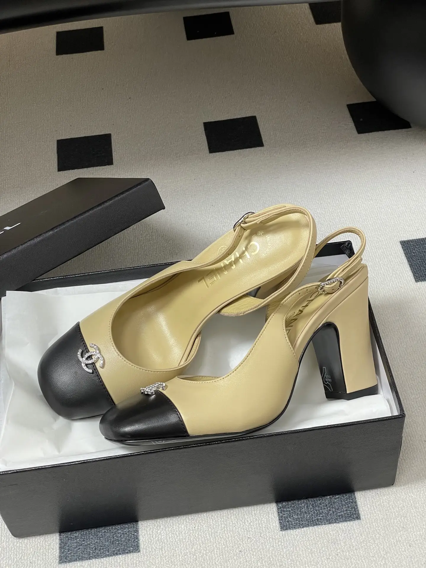 Chanel Slingback Square Toe High Heels Yellow