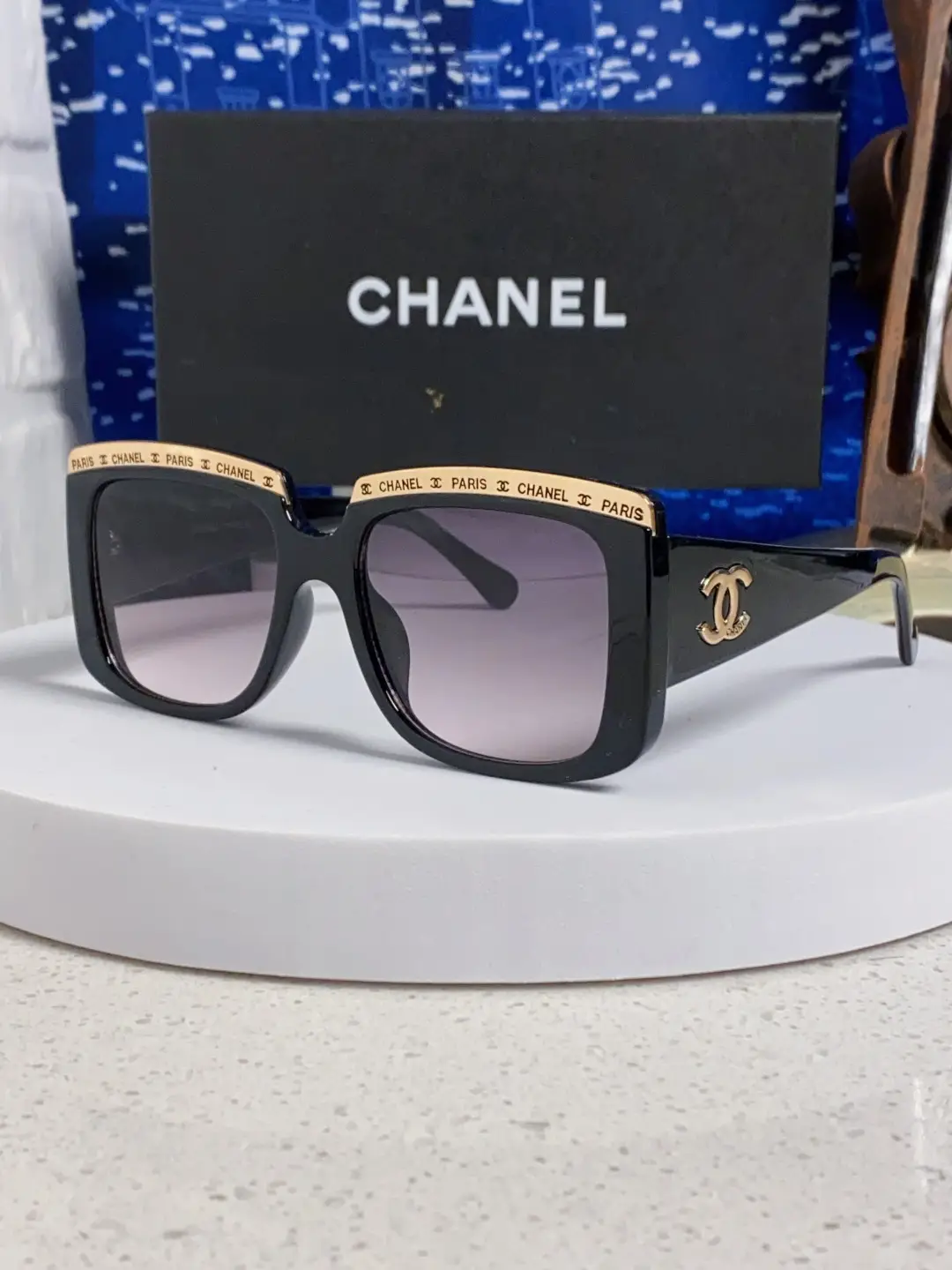 Chanel Square Metal-Rimmed Sunglasses Black and Purple
