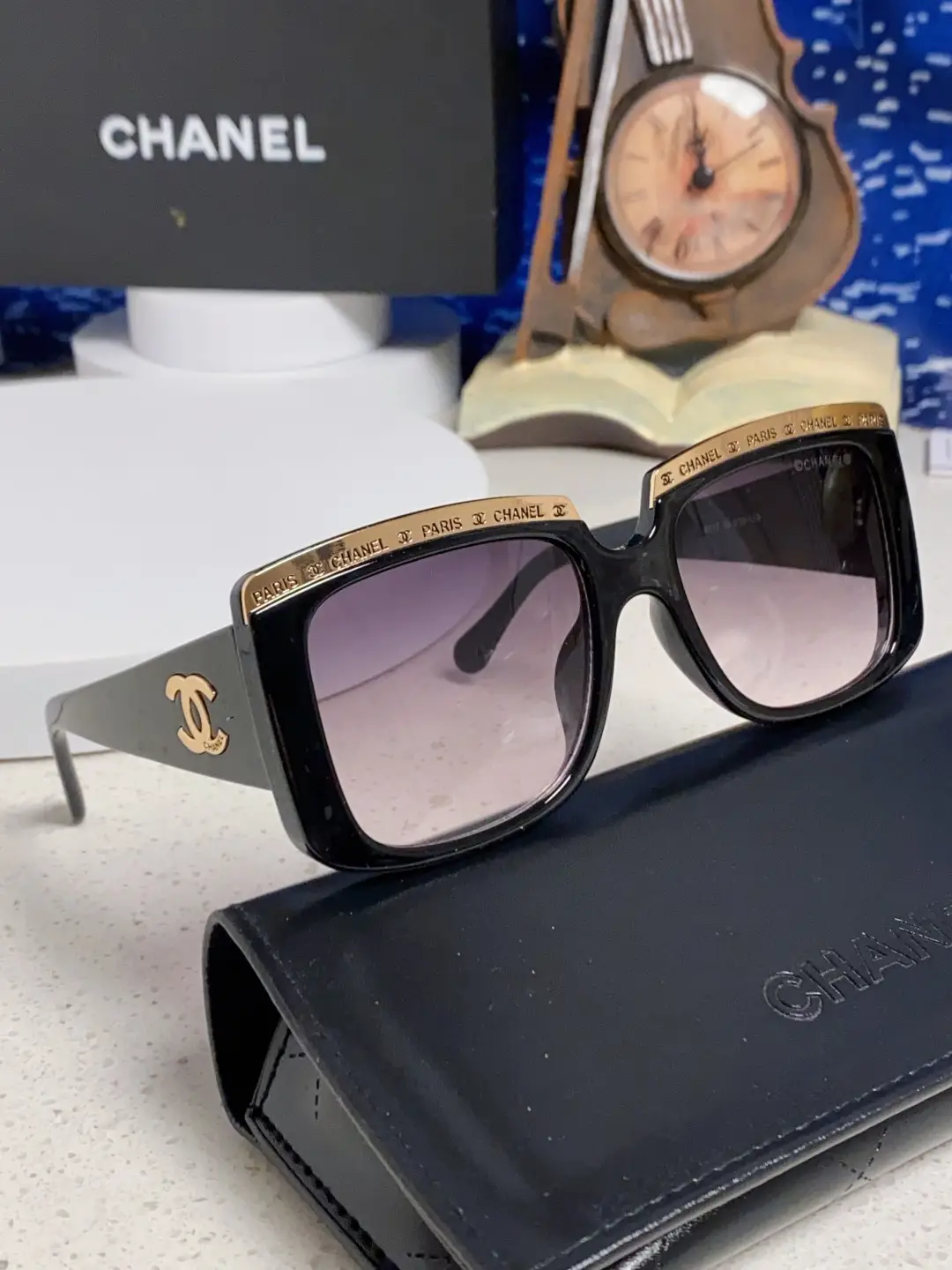 Chanel Square Metal-Rimmed Sunglasses Black and Purple