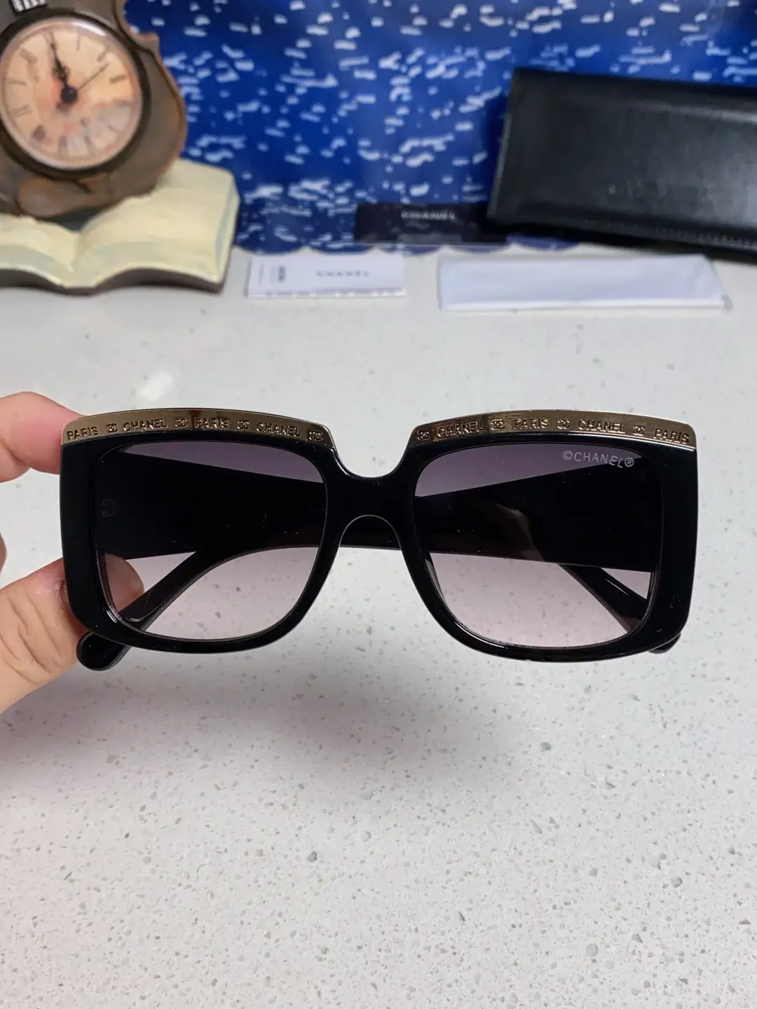 Chanel Square Metal-Rimmed Sunglasses Black and Purple