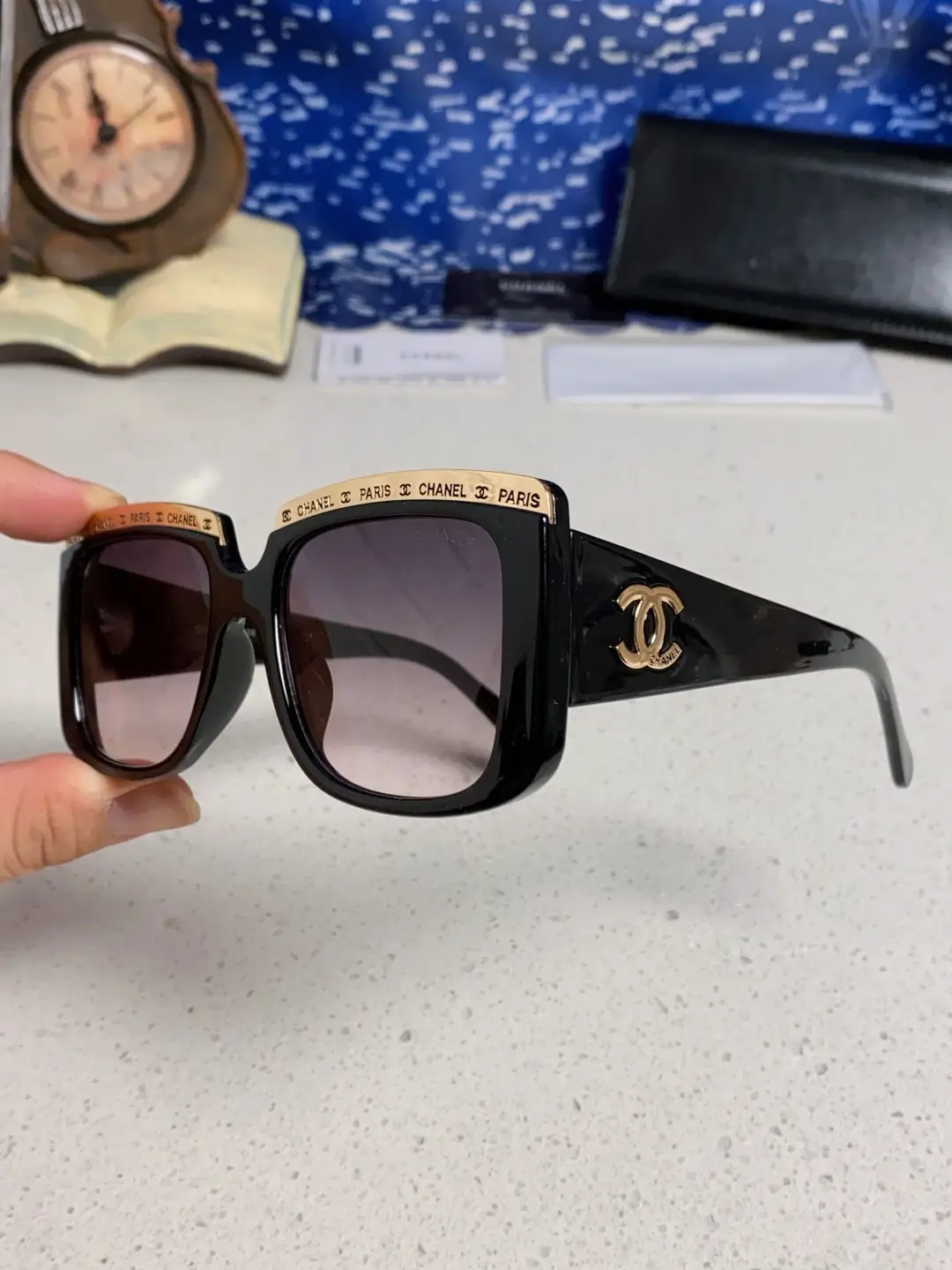 Chanel Square Metal-Rimmed Sunglasses Black and Purple