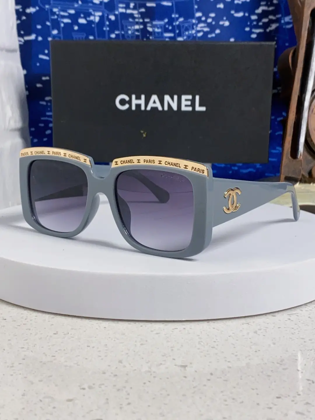 Chanel Square Metal-Rimmed Sunglasses Gray Blue