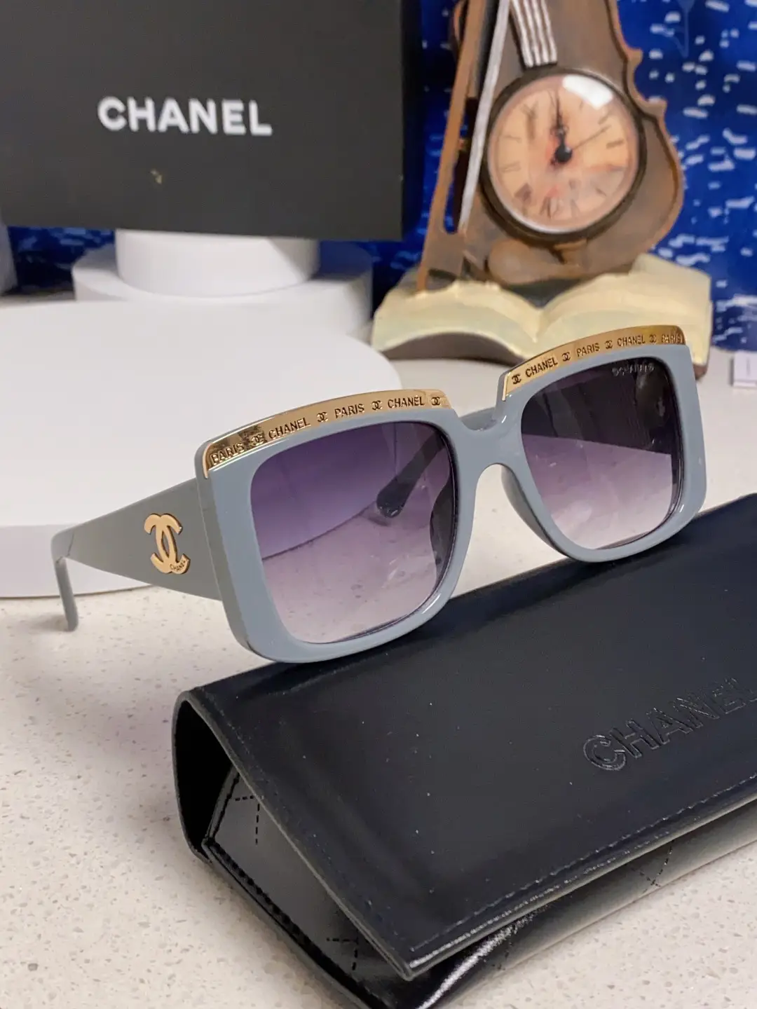 Chanel Square Metal-Rimmed Sunglasses Gray Blue