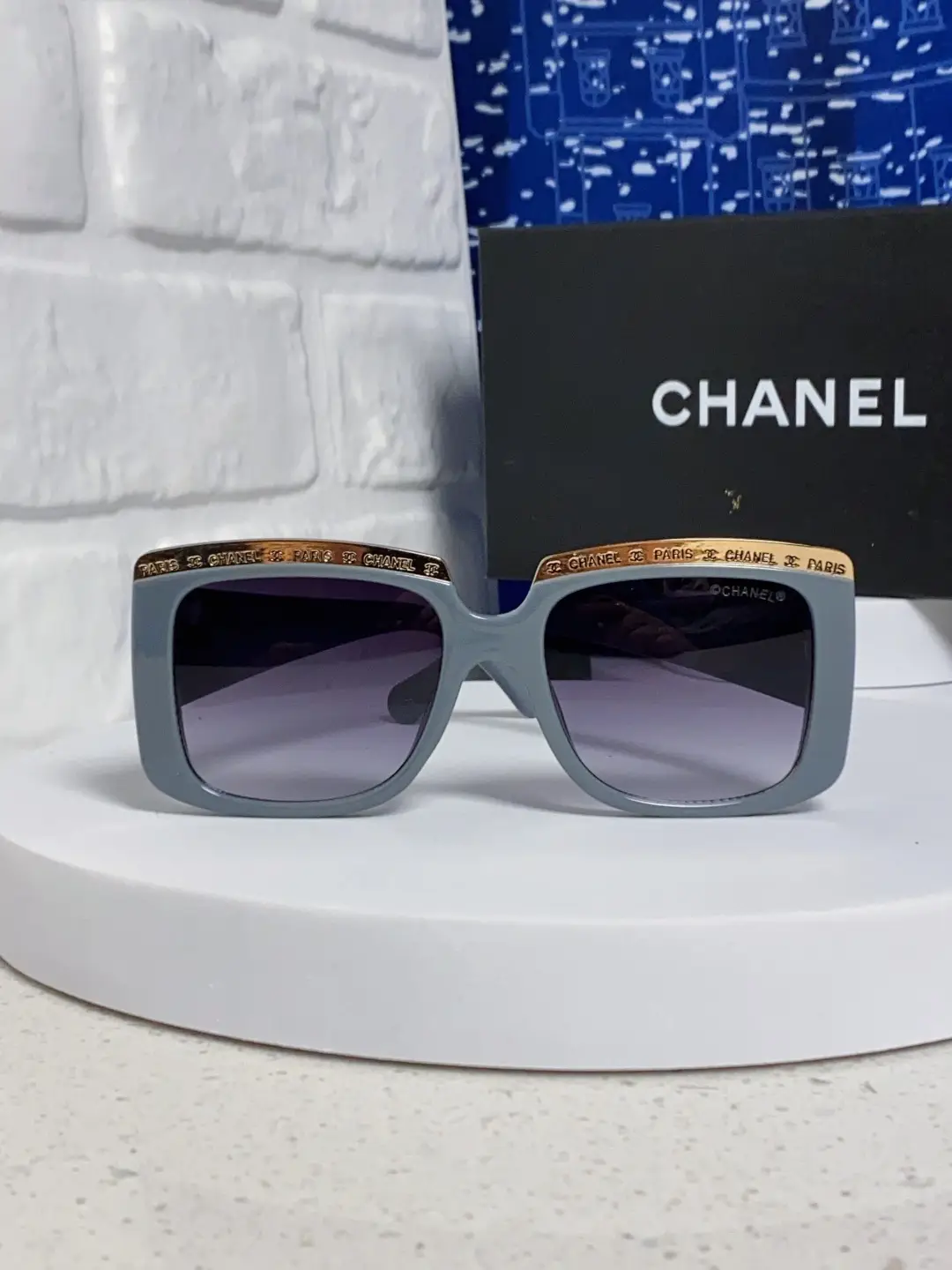 Chanel Square Metal-Rimmed Sunglasses Gray Blue