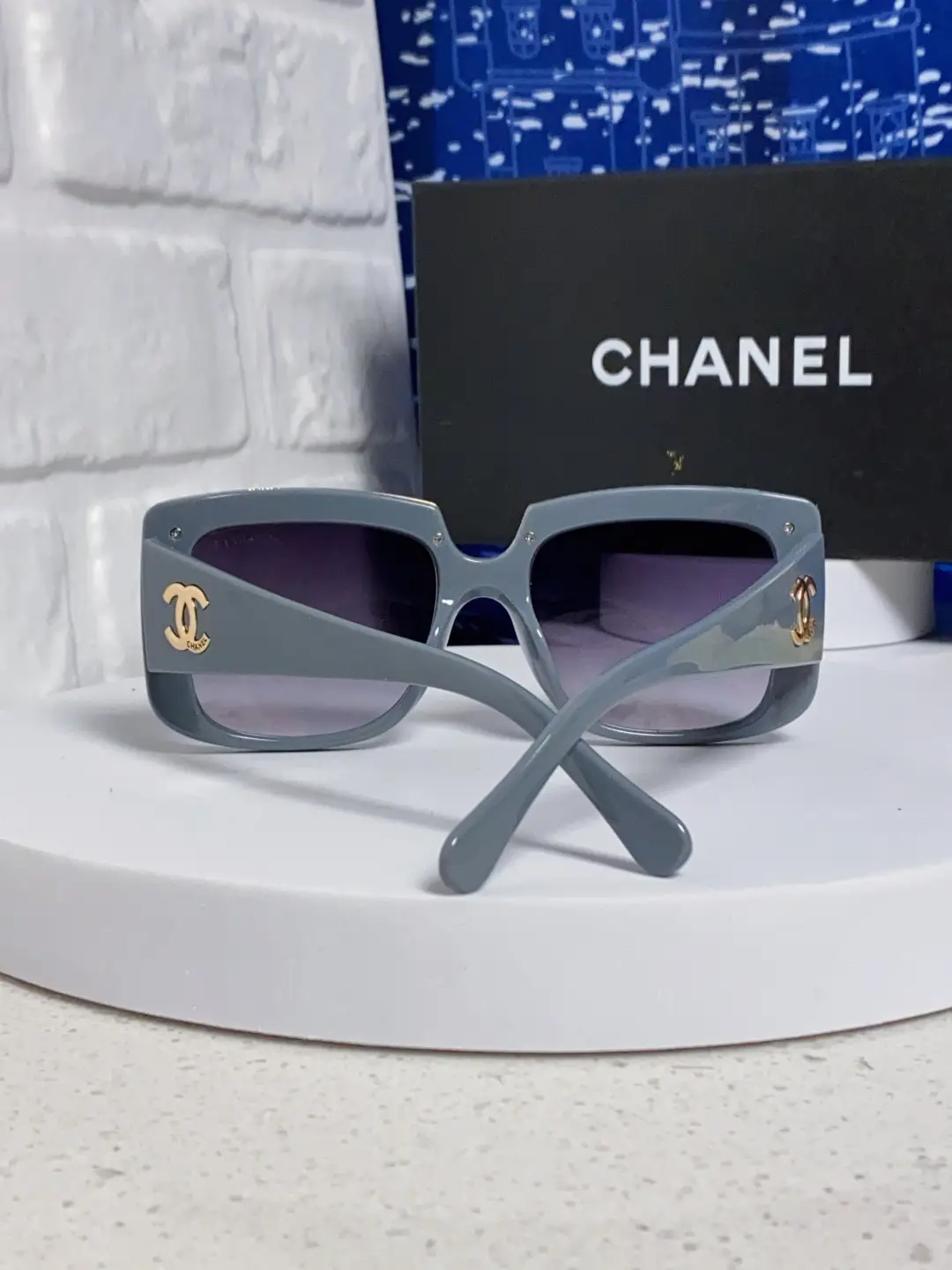Chanel Square Metal-Rimmed Sunglasses Gray Blue