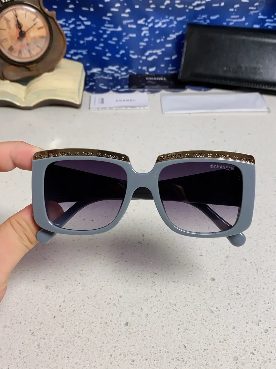 Chanel Square Metal-Rimmed Sunglasses Gray Blue