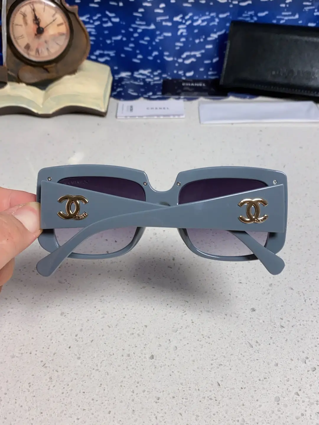 Chanel Square Metal-Rimmed Sunglasses Gray Blue