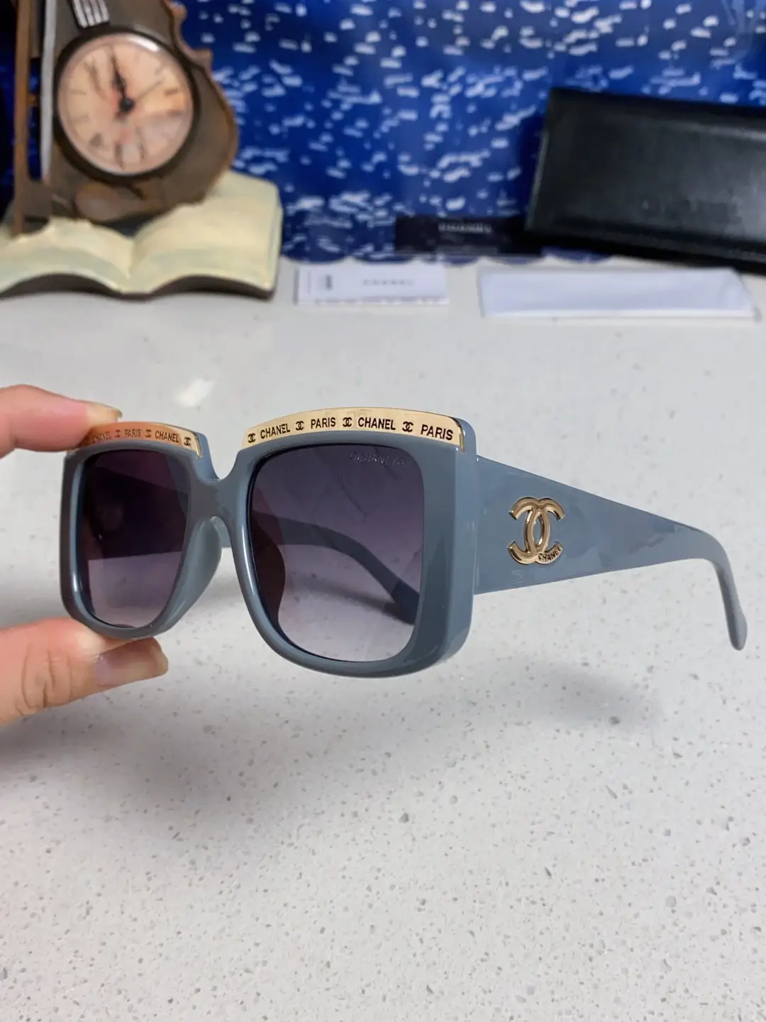 Chanel Square Metal-Rimmed Sunglasses Gray Blue
