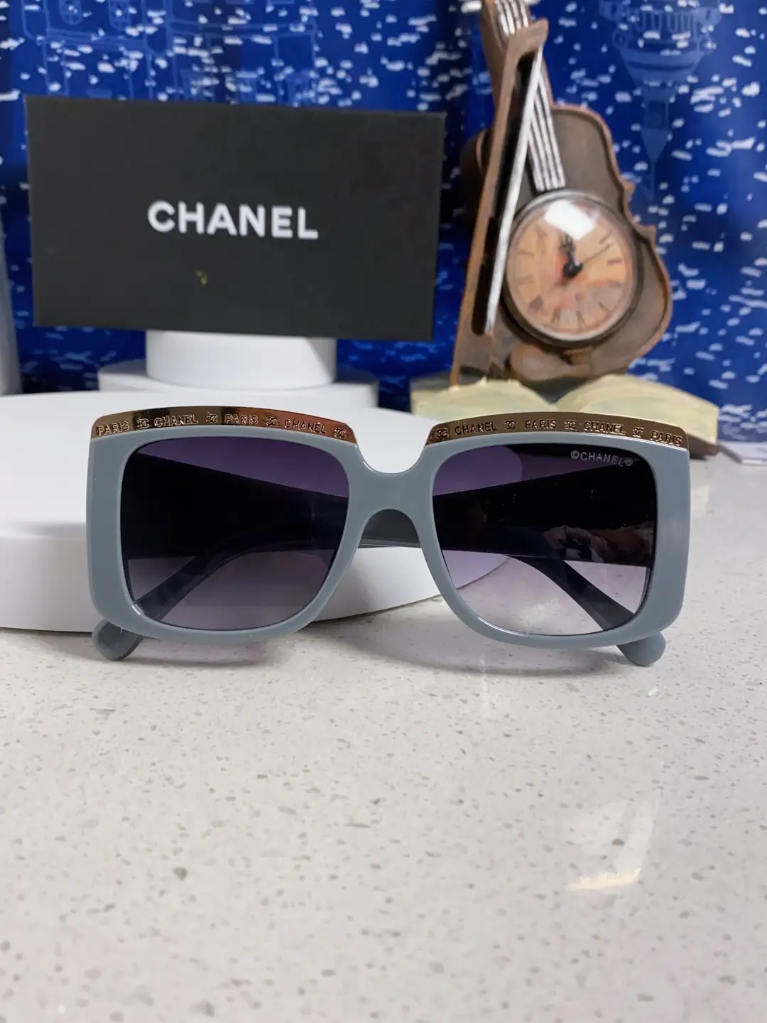 Chanel Square Metal-Rimmed Sunglasses Gray Blue