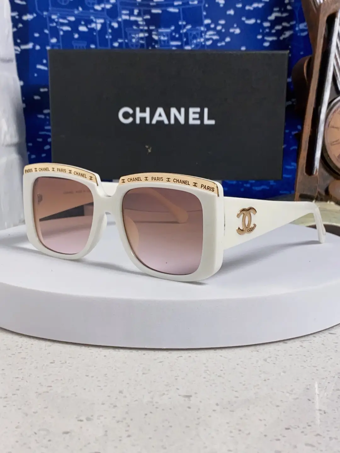 Chanel Square Metal-Rimmed Sunglasses White Brown