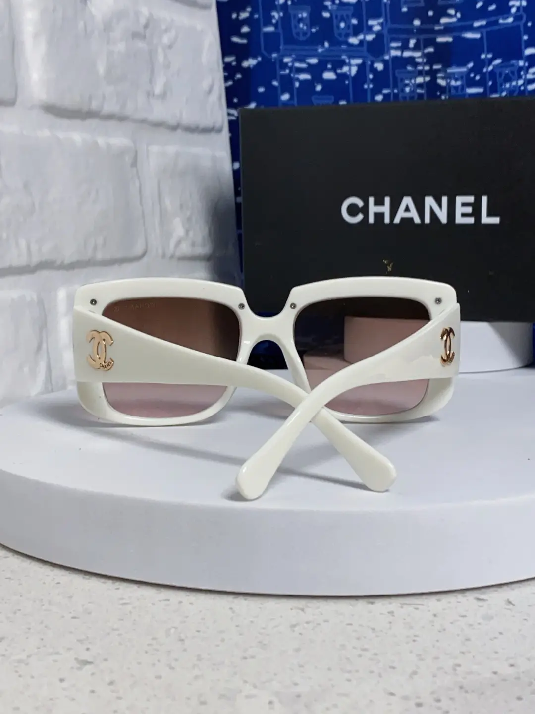 Chanel Square Metal-Rimmed Sunglasses White Brown