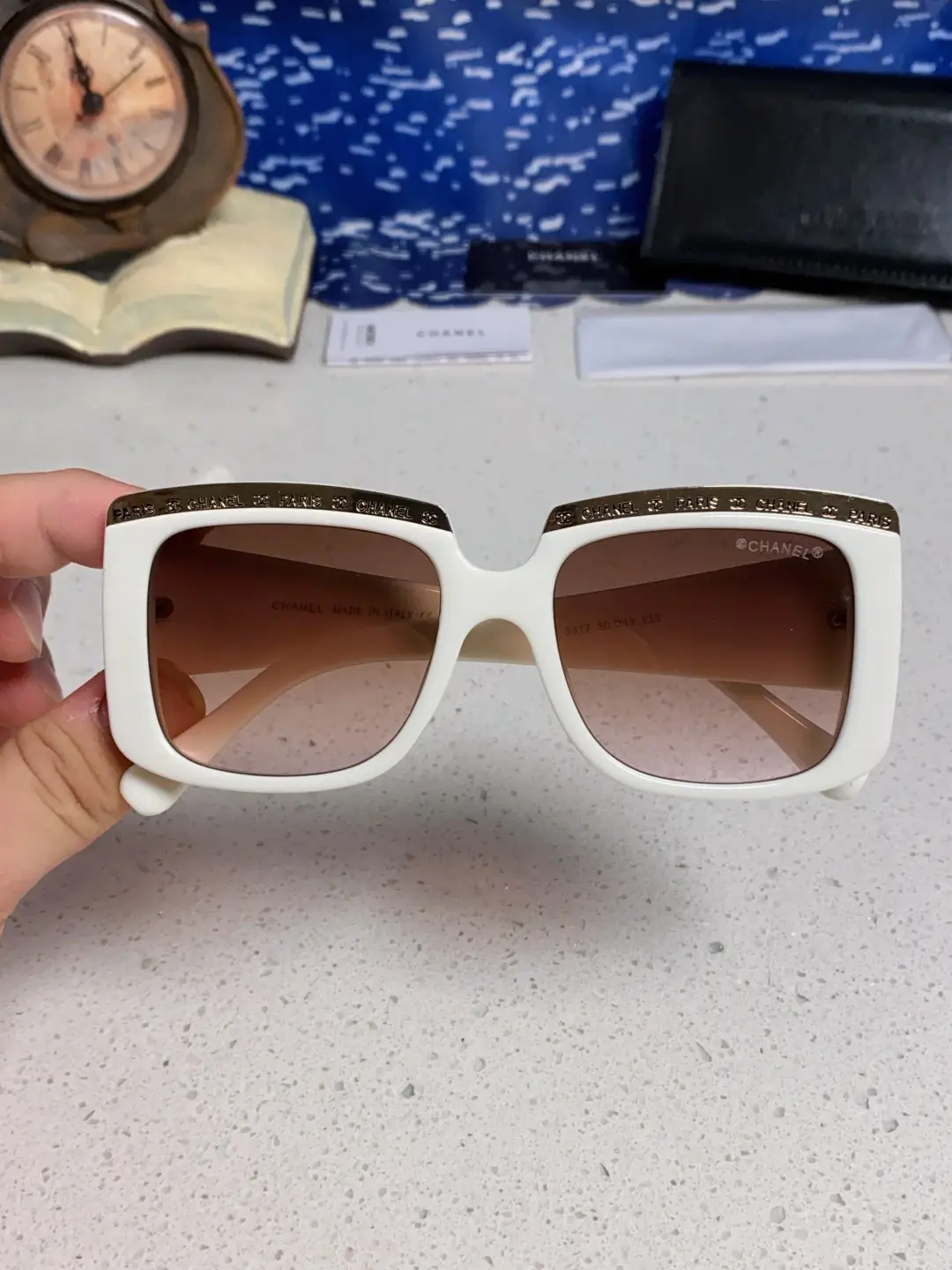 Chanel Square Metal-Rimmed Sunglasses White Brown