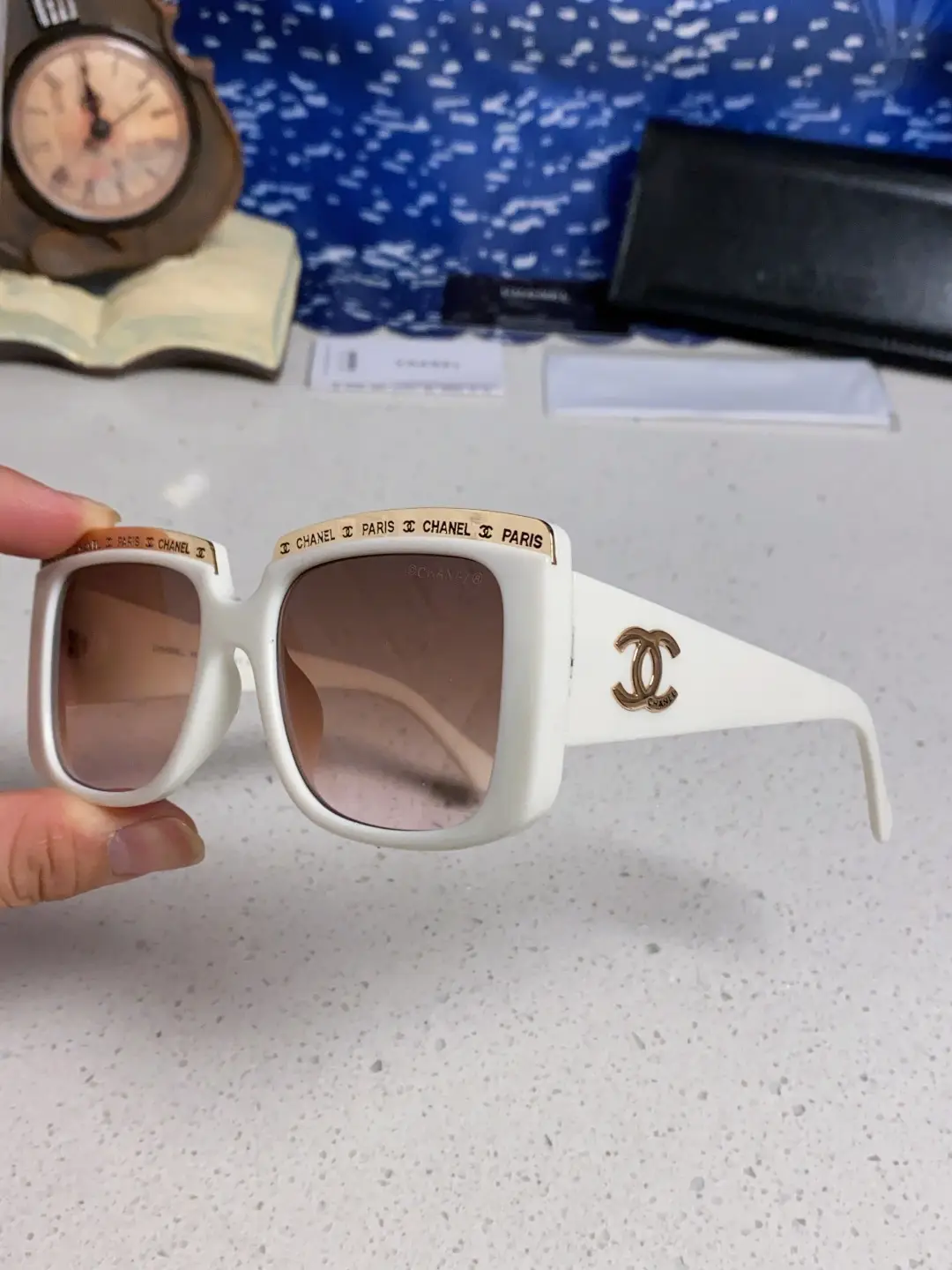 Chanel Square Metal-Rimmed Sunglasses White Brown