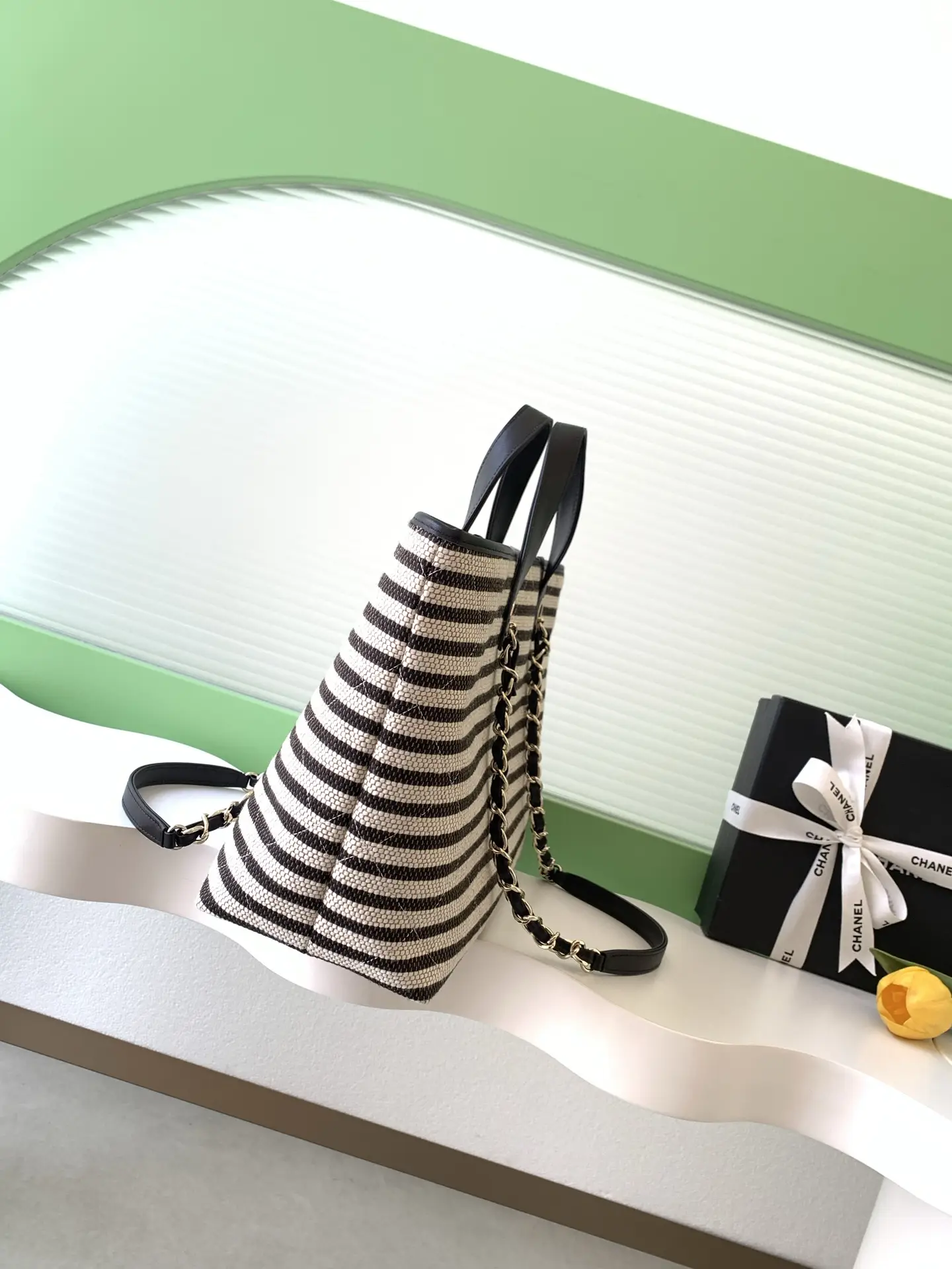 Chanel Woven Black and White Striped Tote Bag AS6007