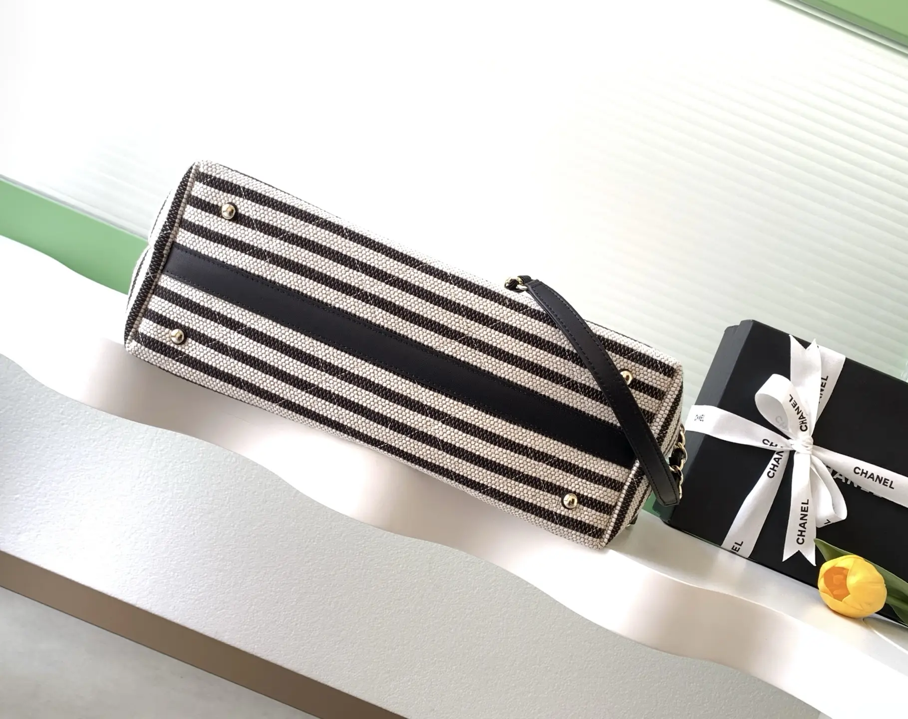 Chanel Woven Black and White Striped Tote Bag AS6007