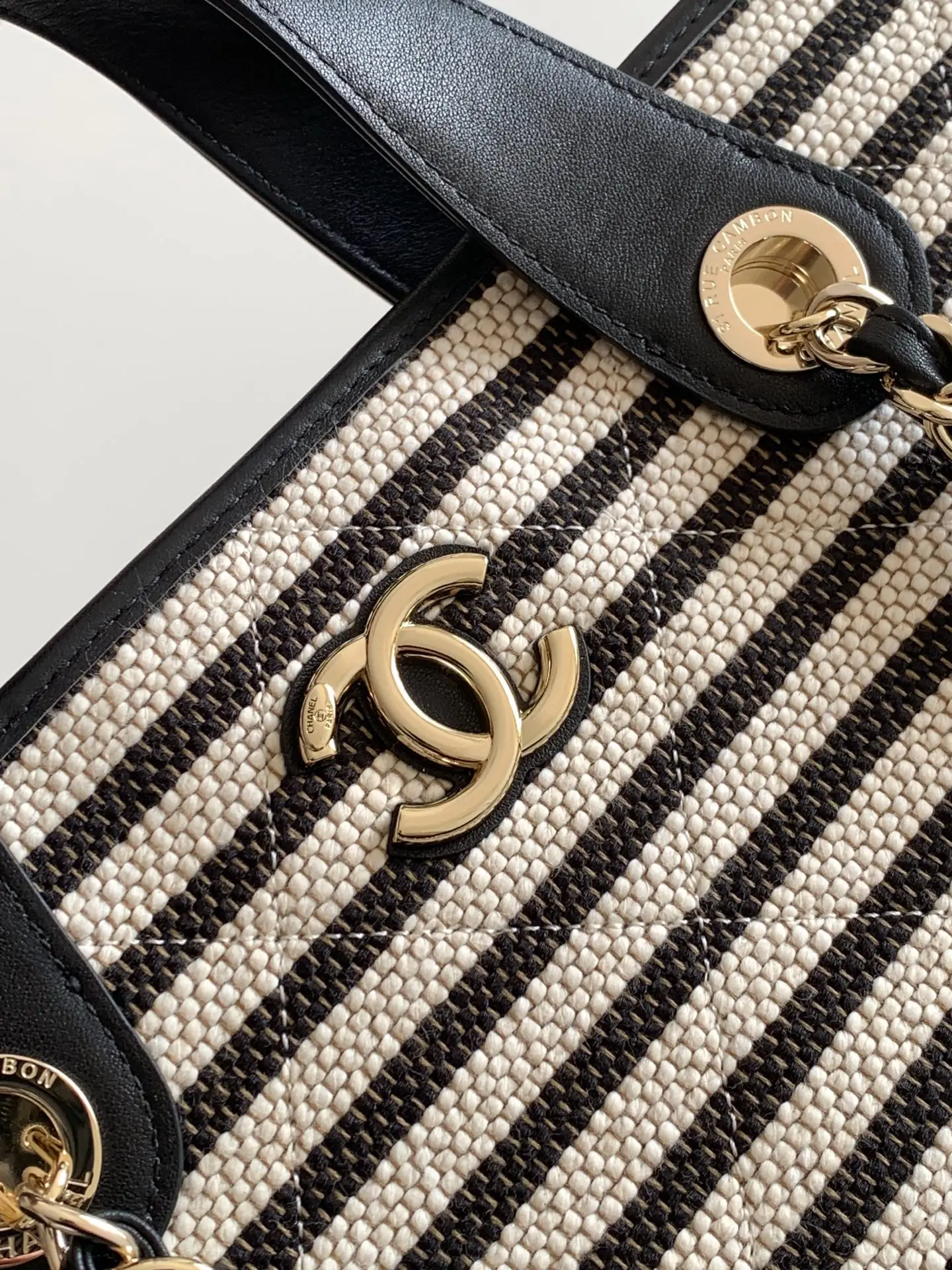 Chanel Woven Black and White Striped Tote Bag AS6007