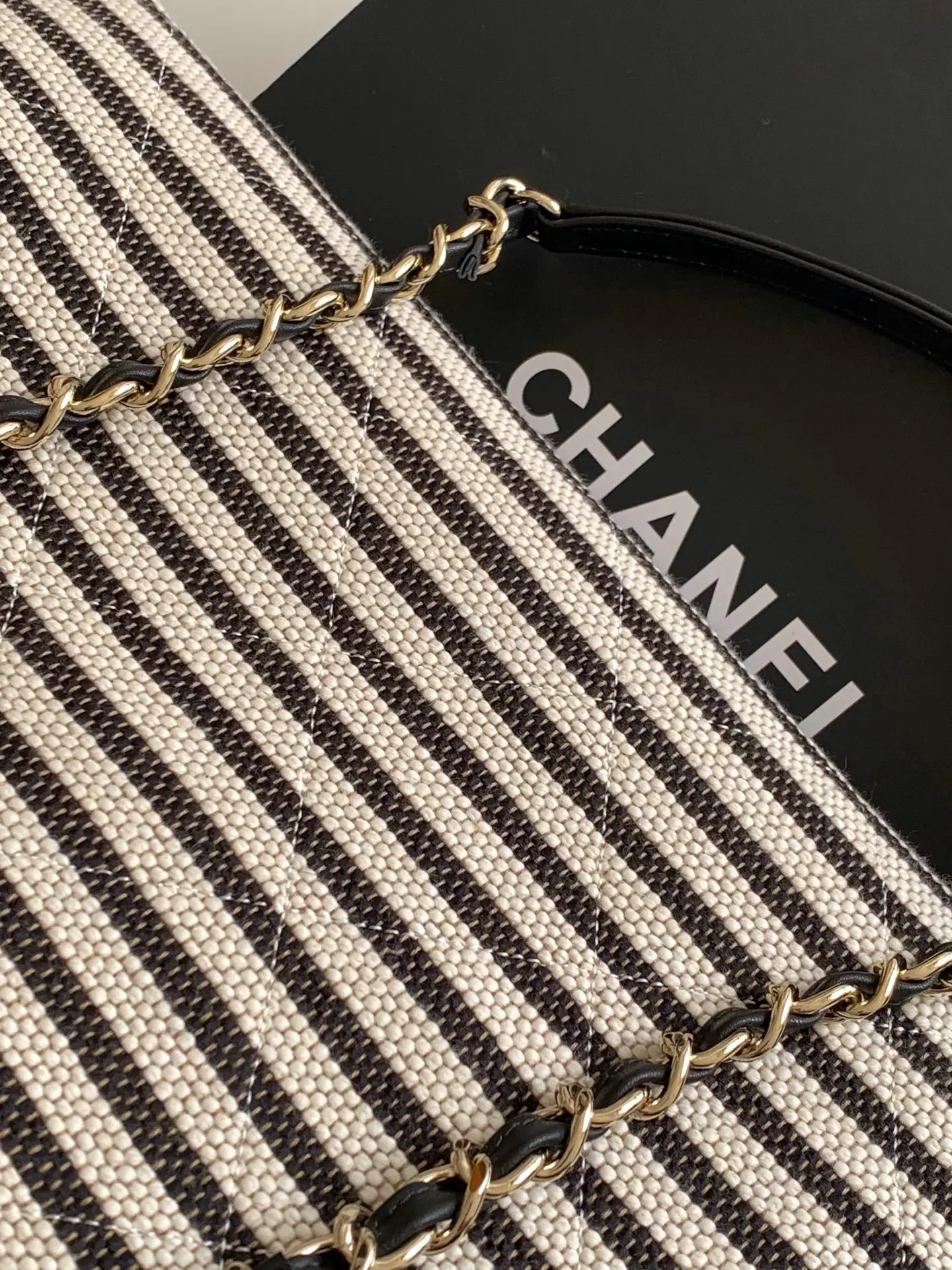 Chanel Woven Black and White Striped Tote Bag AS6007