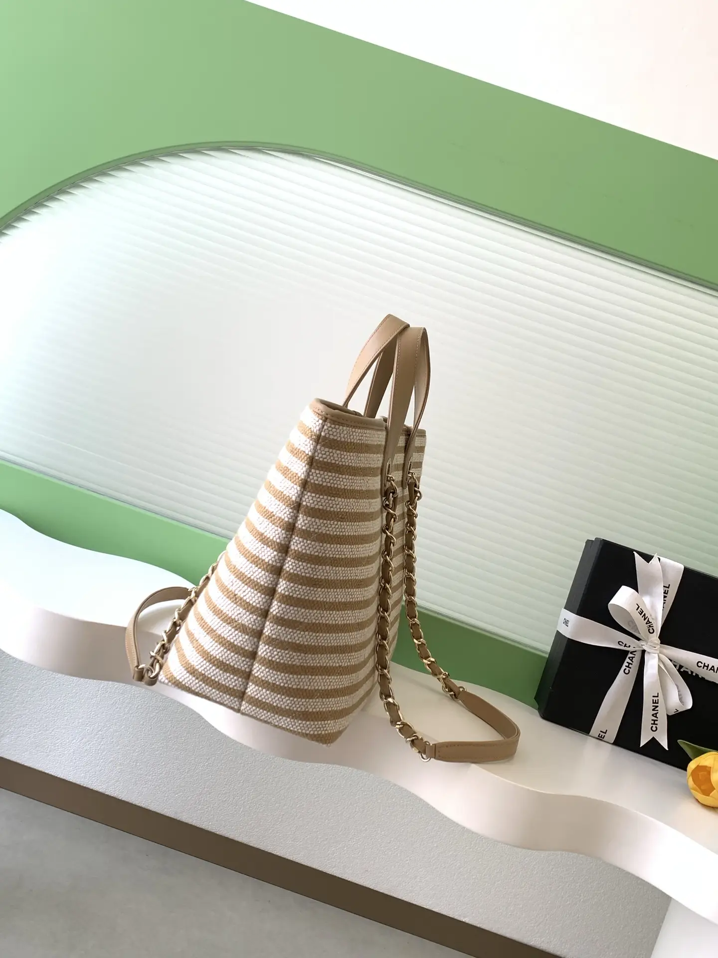 Chanel Woven Brown Apricot Striped Tote Bag AS6007