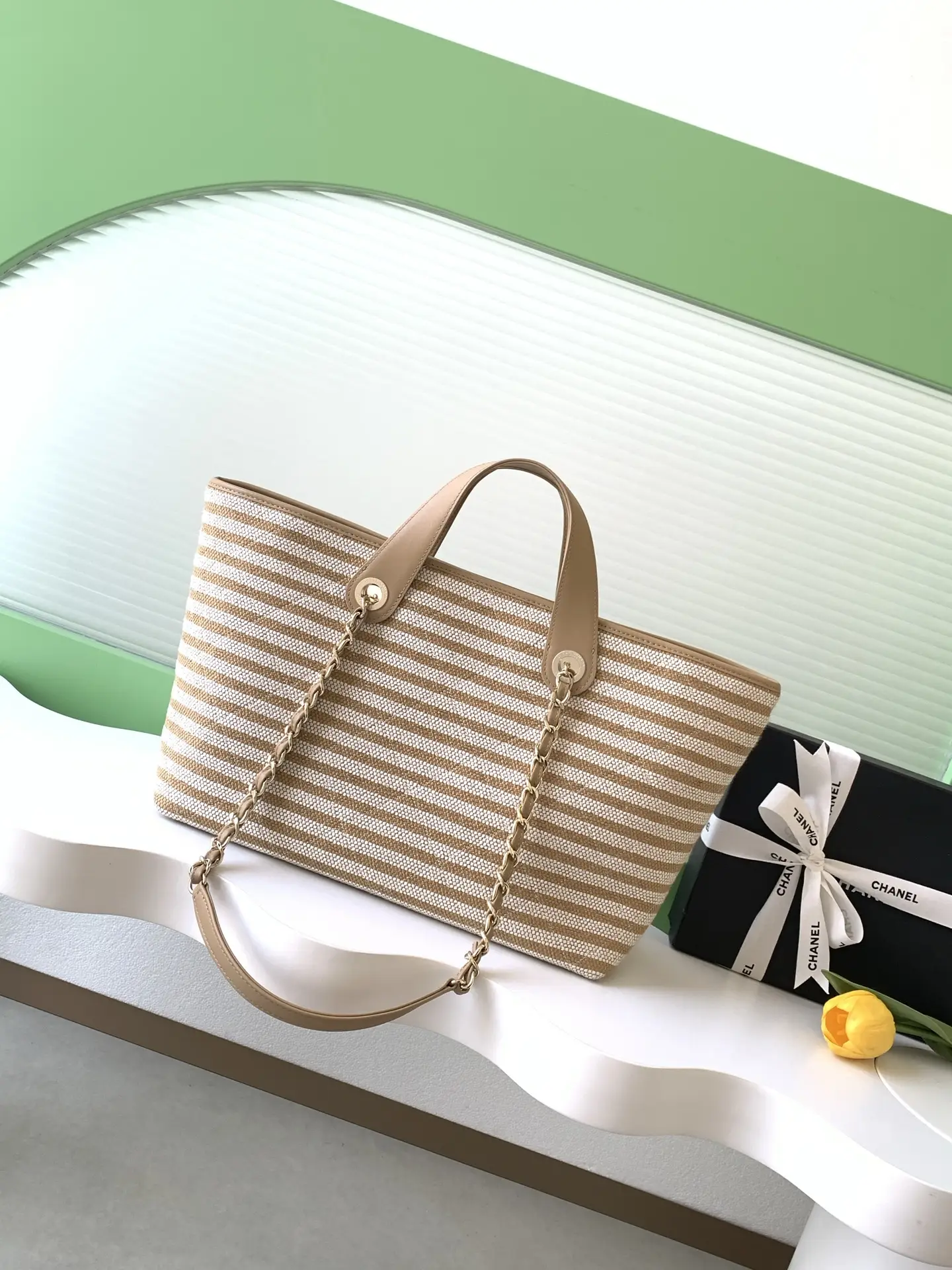 Chanel Woven Brown Apricot Striped Tote Bag AS6007