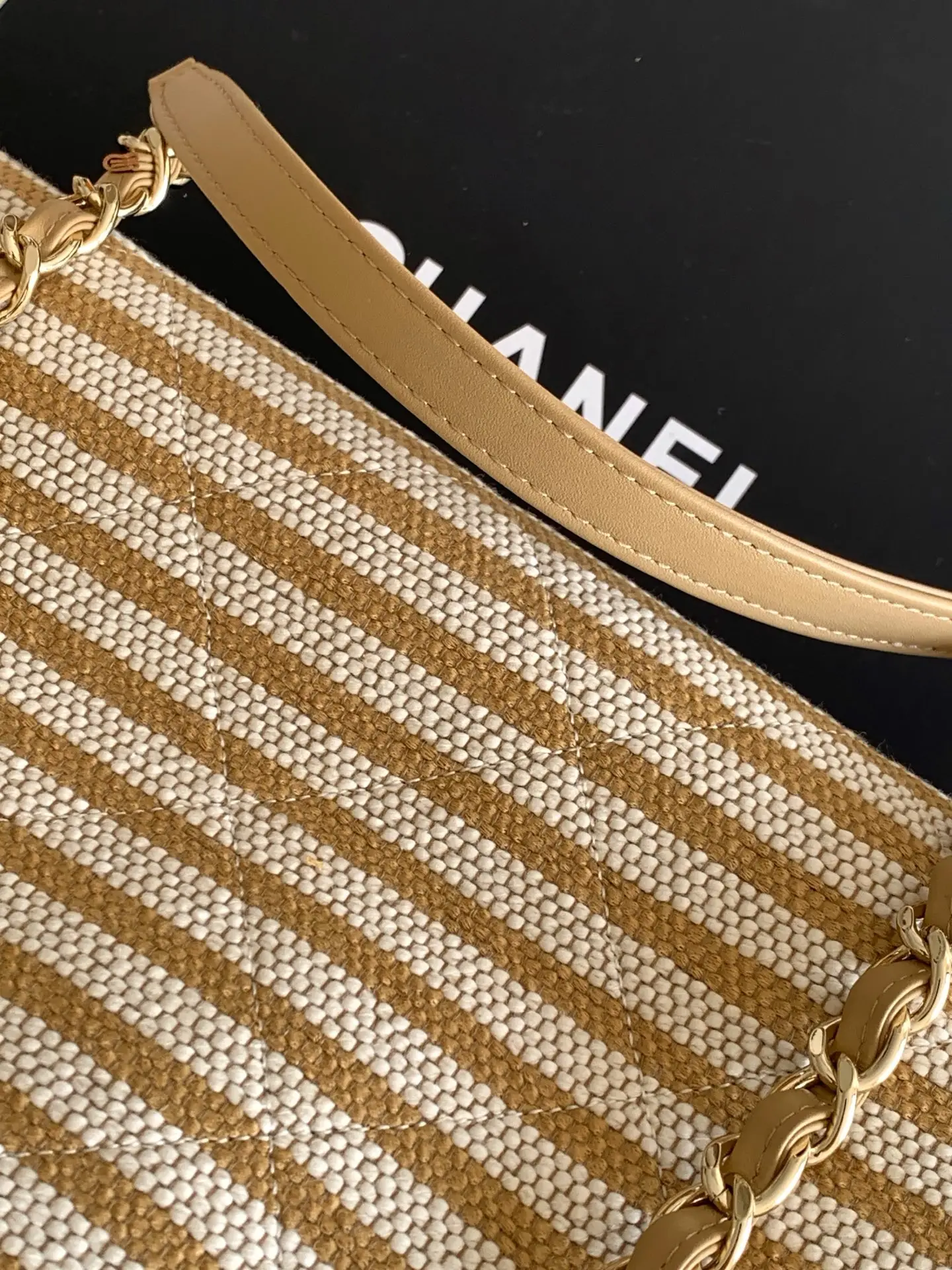 Chanel Woven Brown Apricot Striped Tote Bag AS6007