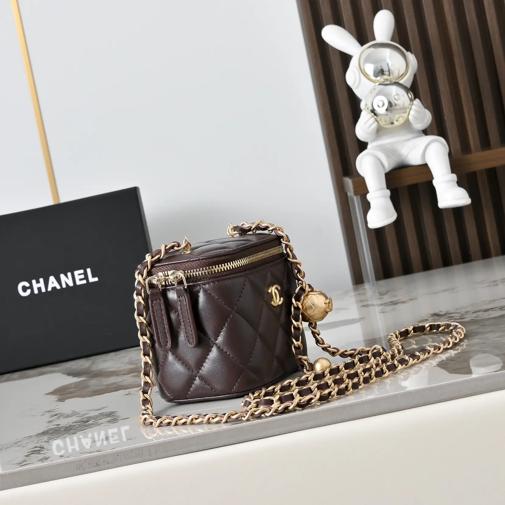 Reps Dark Brown Quilted Lambskin Top Mini Vanity Case With Chain