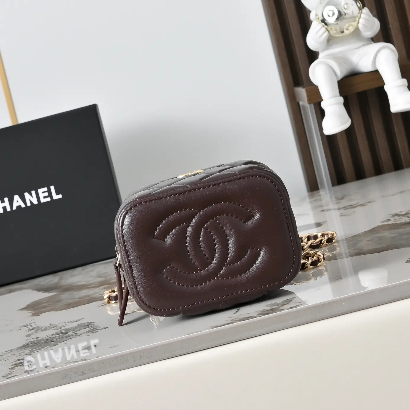 Reps Dark Brown Quilted Lambskin Top Mini Vanity Case With Chain