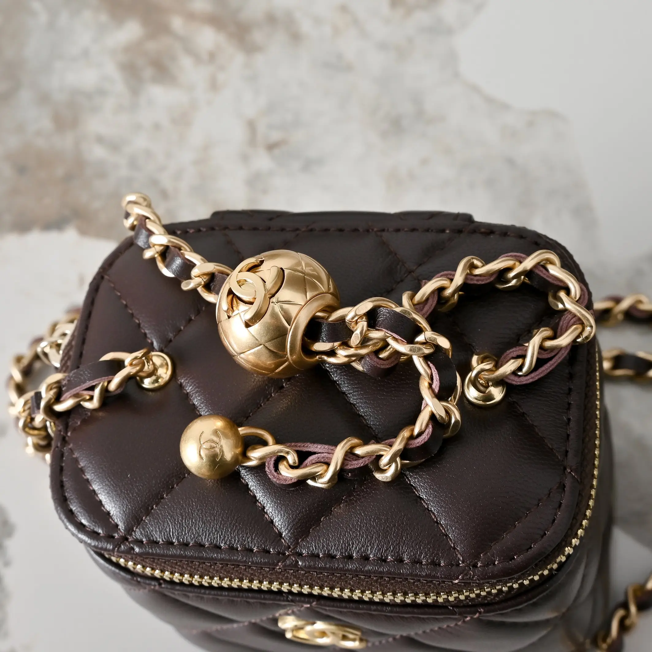 Reps Dark Brown Quilted Lambskin Top Mini Vanity Case With Chain