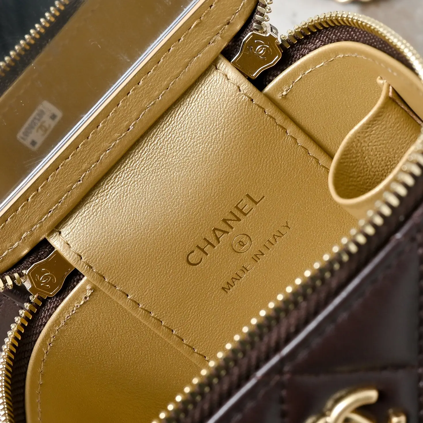 Reps Dark Brown Quilted Lambskin Top Mini Vanity Case With Chain