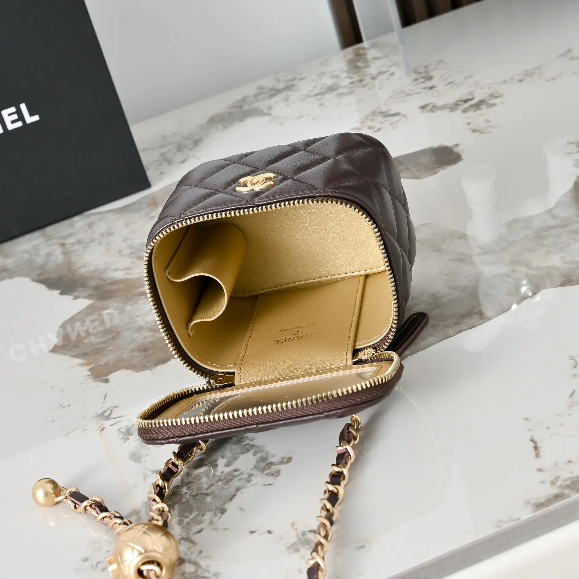 Reps Dark Brown Quilted Lambskin Top Mini Vanity Case With Chain