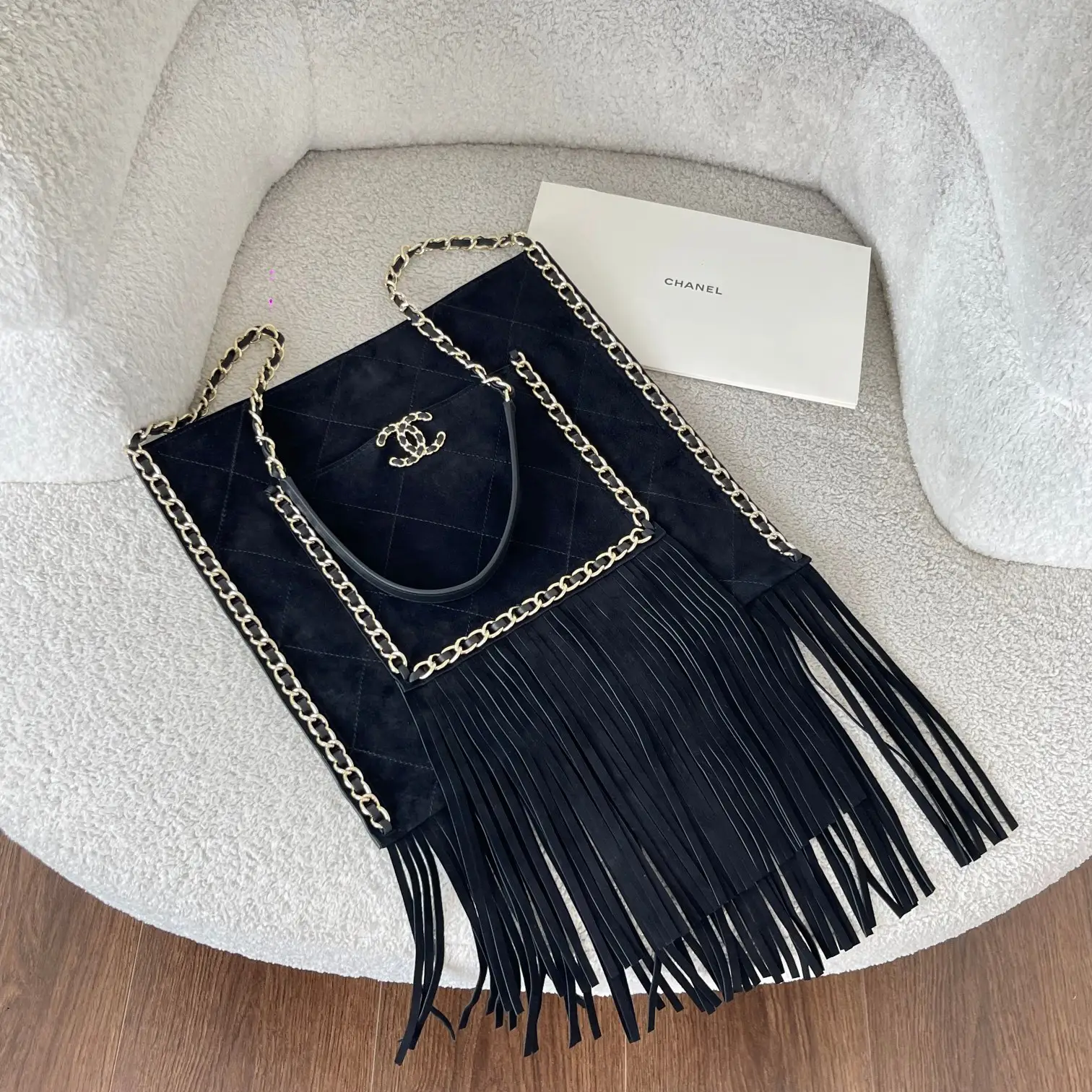 Calfskin Quilted Fringe Small Shopping Bag Black