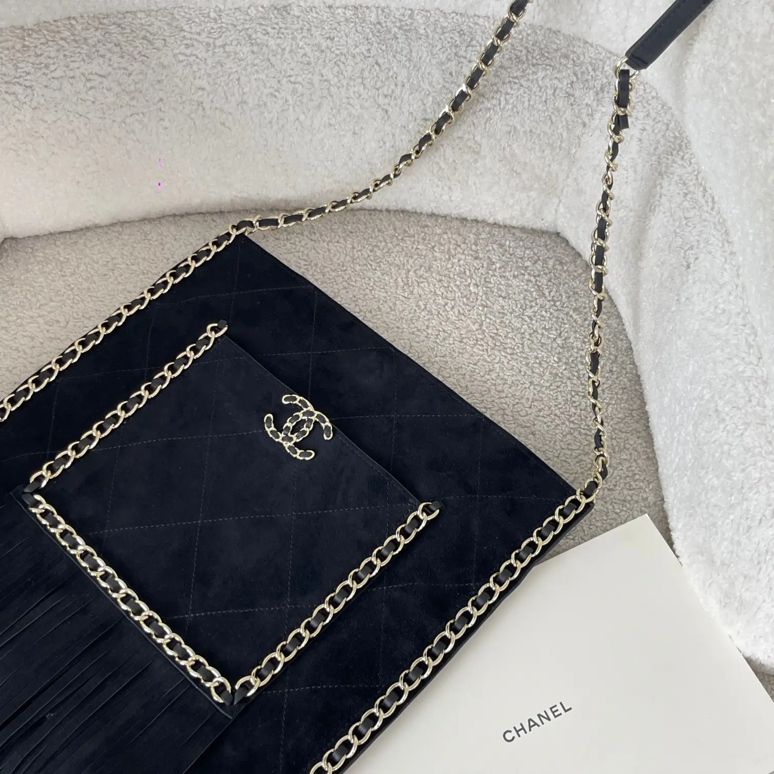 Calfskin Quilted Fringe Small Shopping Bag Black