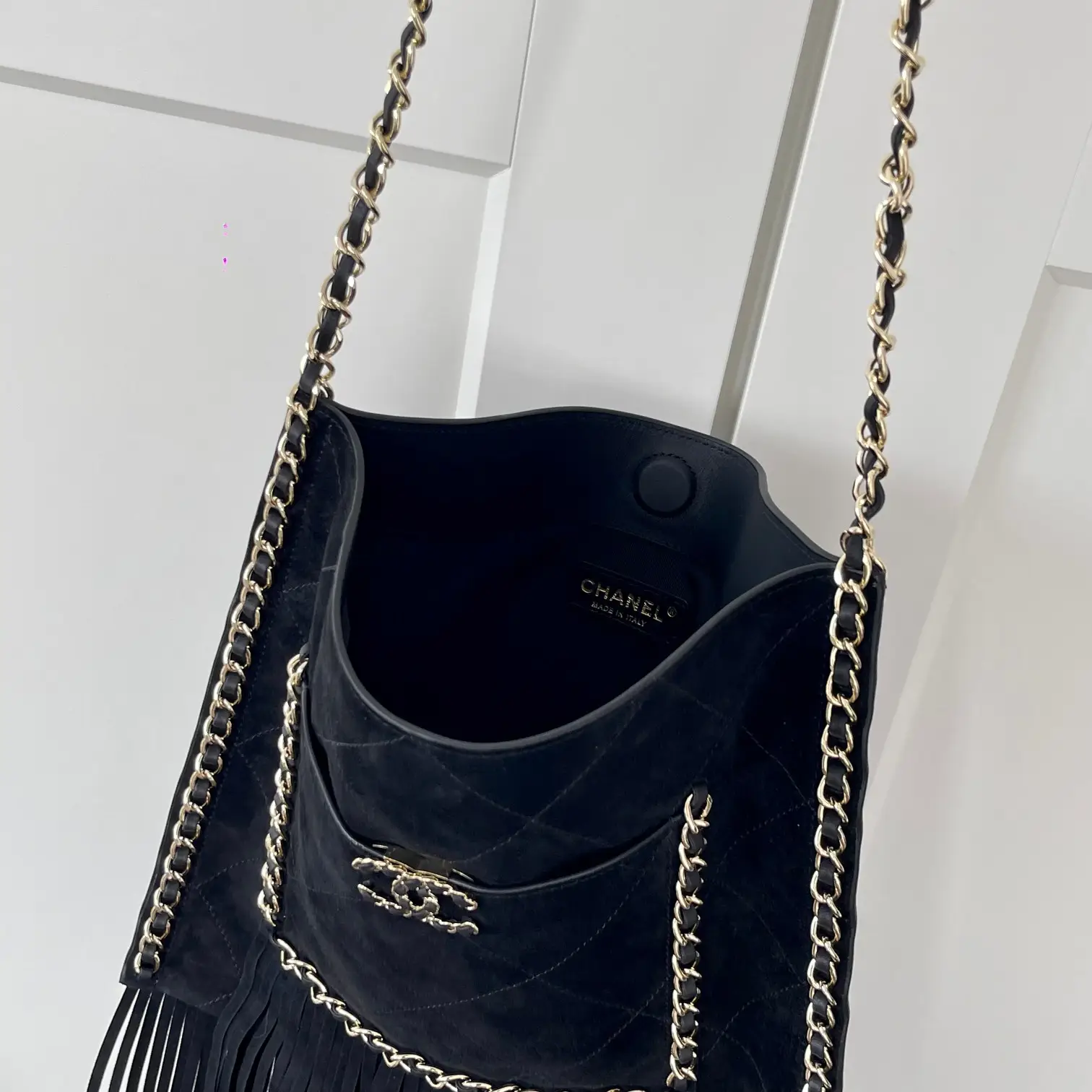 Calfskin Quilted Fringe Small Shopping Bag Black