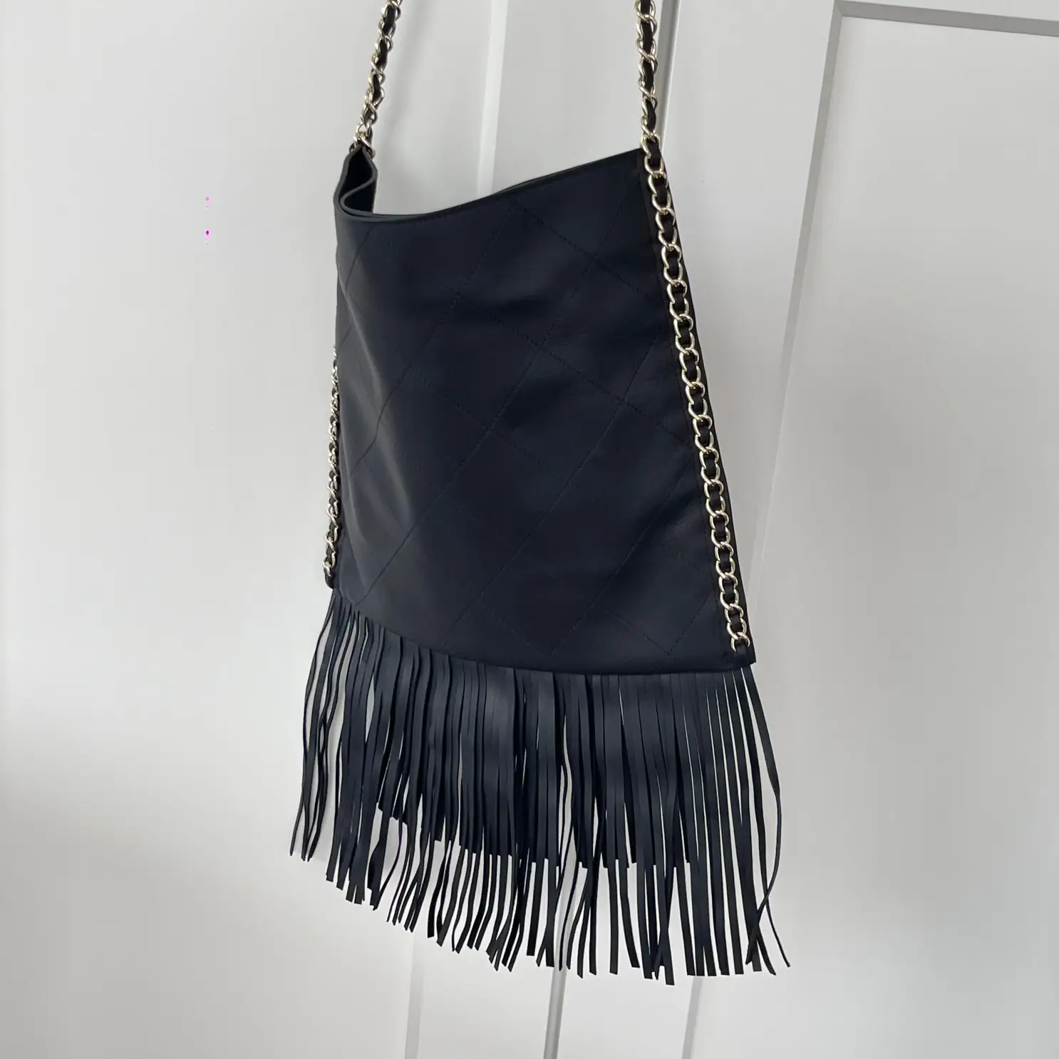 Calfskin Quilted Fringe Small Shopping Bag Black