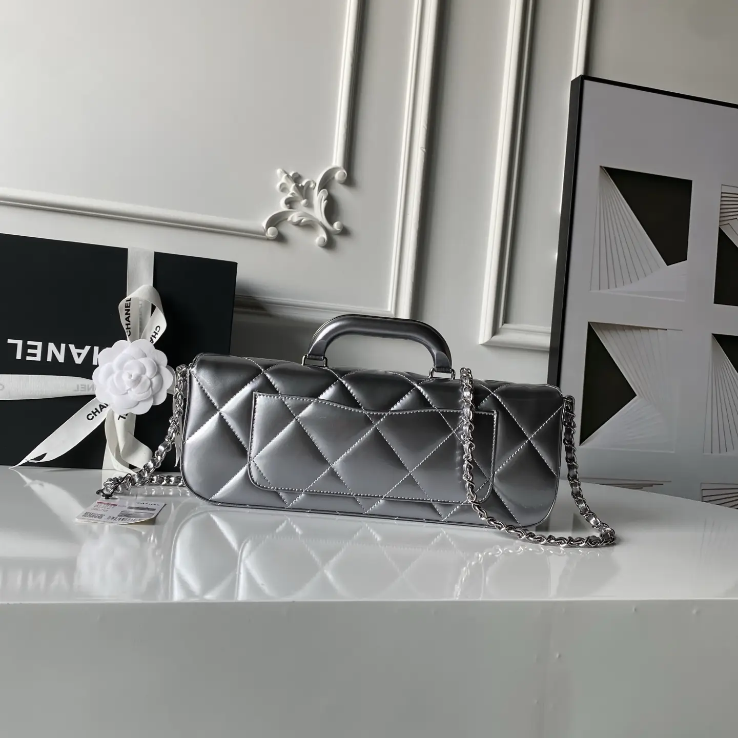 Chanel Large Flap Bag With Top Handle Metallic Mirror AS5807 Sliver