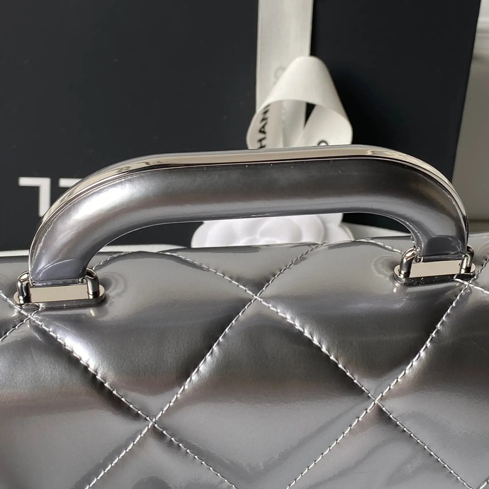 Chanel Large Flap Bag With Top Handle Metallic Mirror AS5807 Sliver
