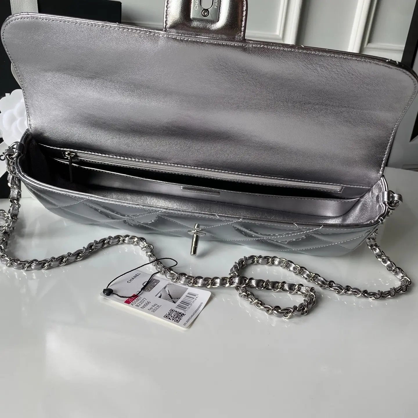 Chanel Large Flap Bag With Top Handle Metallic Mirror AS5807 Sliver