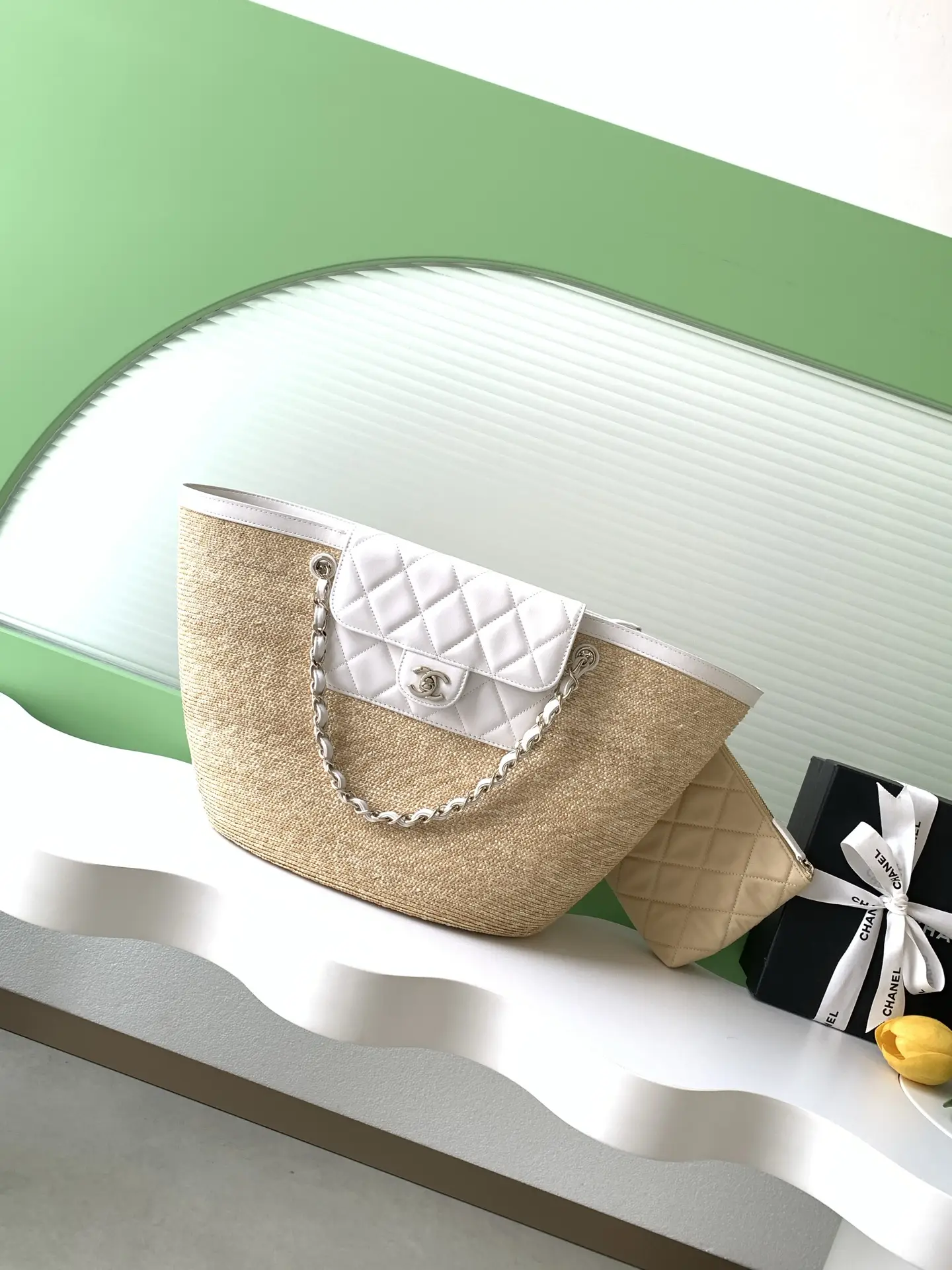 Chanel Large Tote Braided Straw AS5952 White