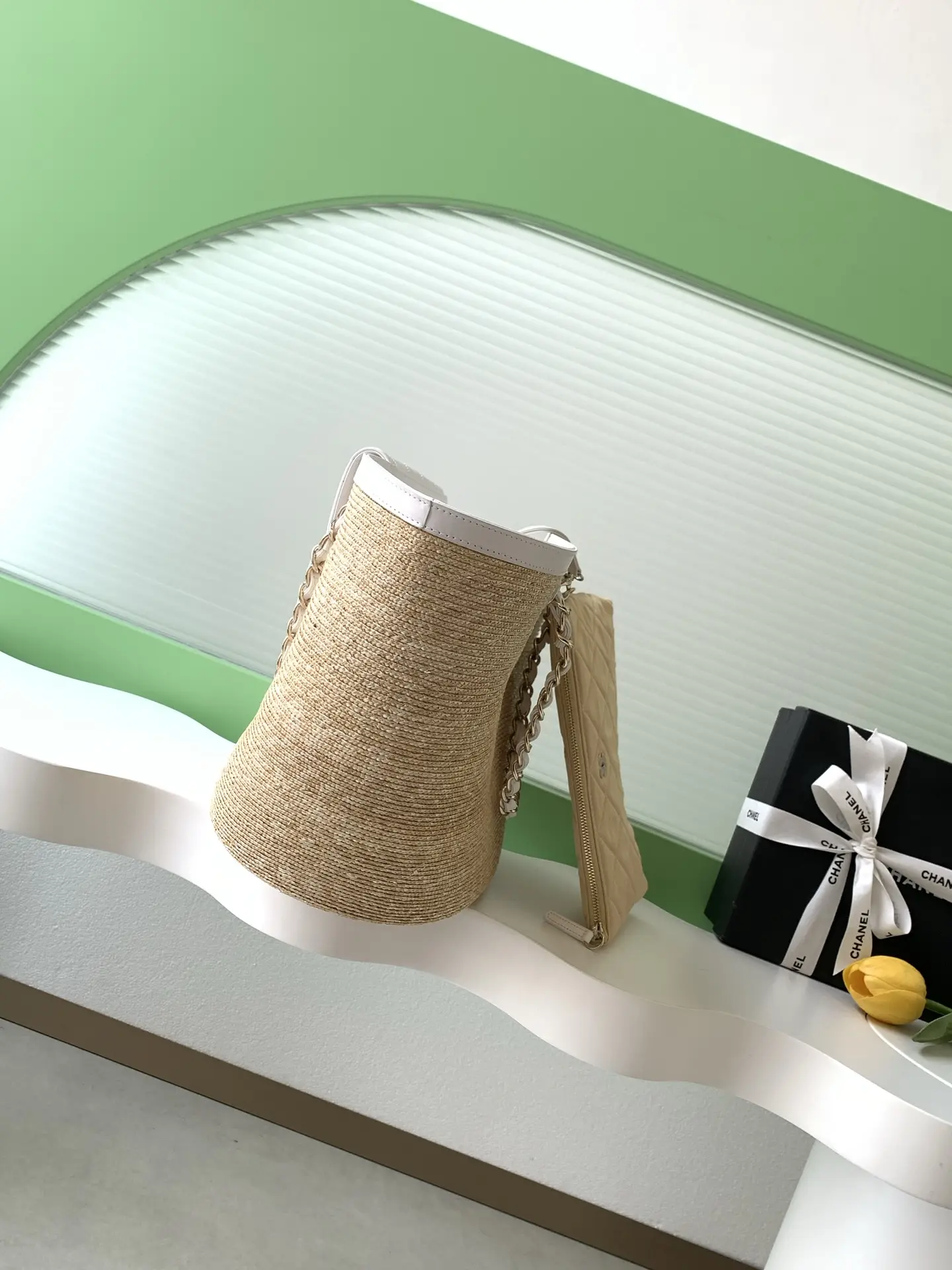 Chanel Large Tote Braided Straw AS5952 White