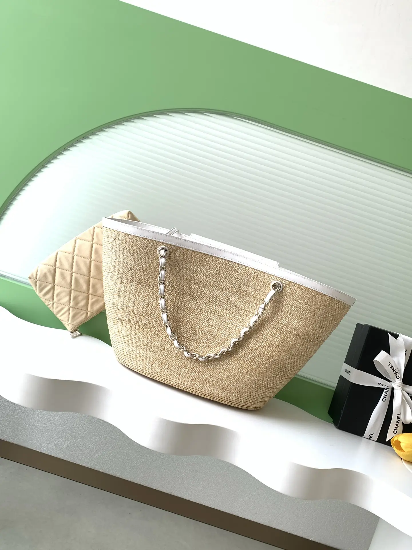 Chanel Large Tote Braided Straw AS5952 White