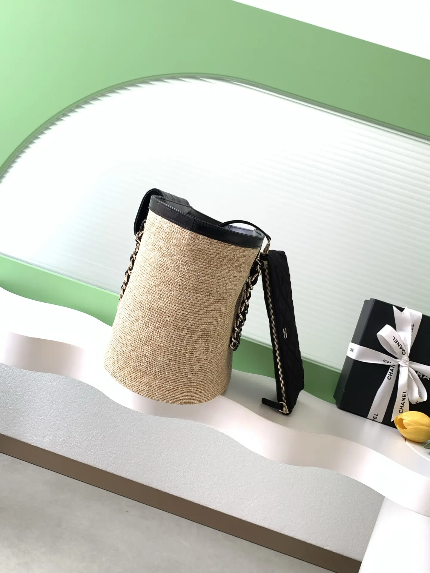 Chanel Small Tote Braided Straw AS5951 Black