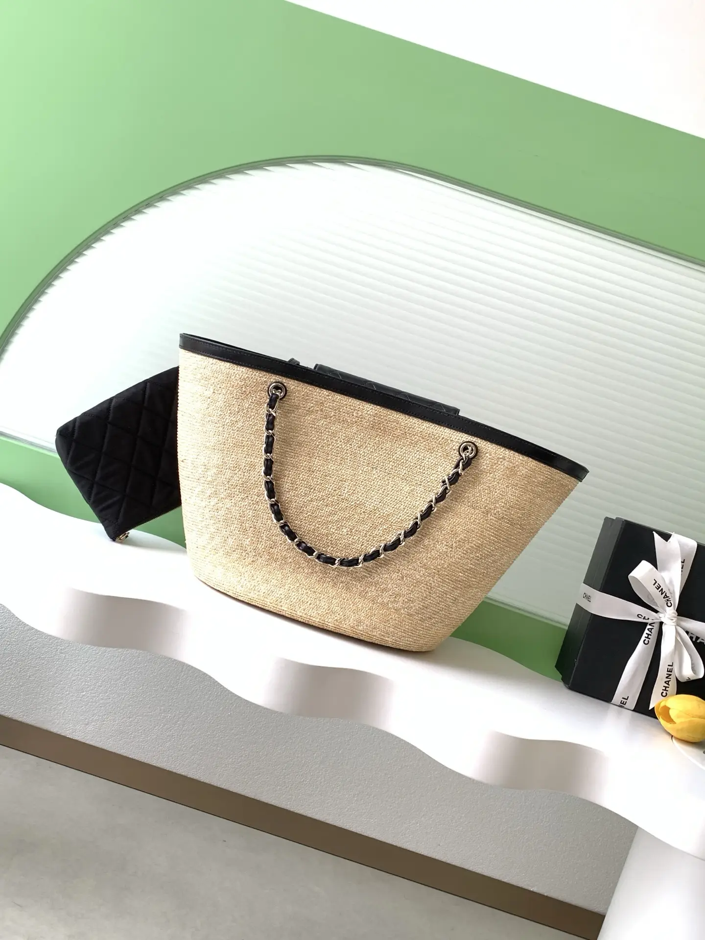 Chanel Small Tote Braided Straw AS5951 Black