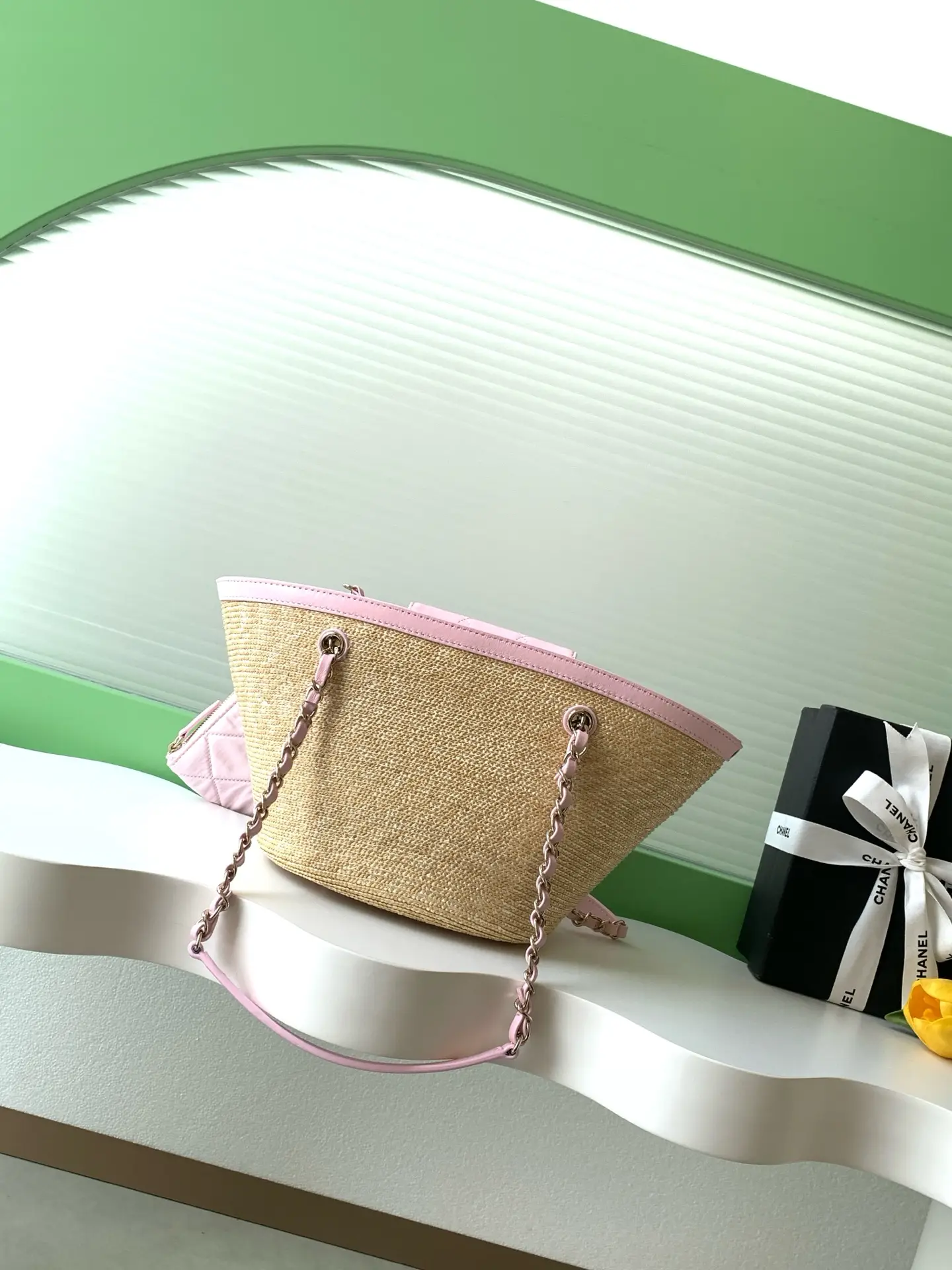 Chanel Small Tote Braided Straw AS5951 Pink