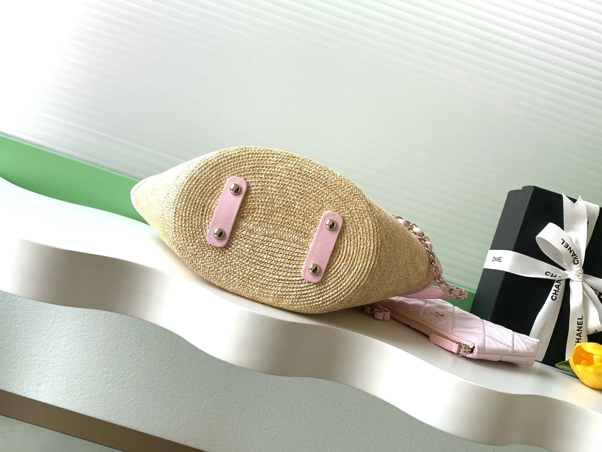 Chanel Small Tote Braided Straw AS5951 Pink