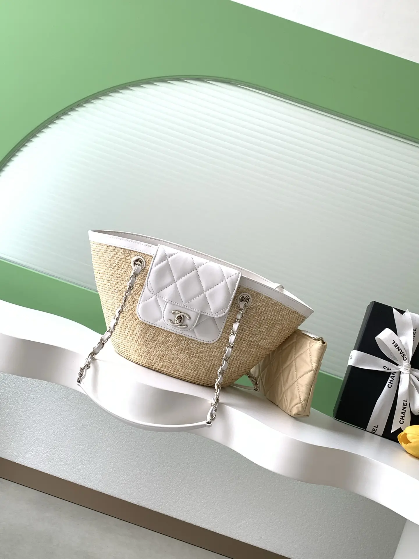 Chanel Small Tote Braided Straw AS5951 White